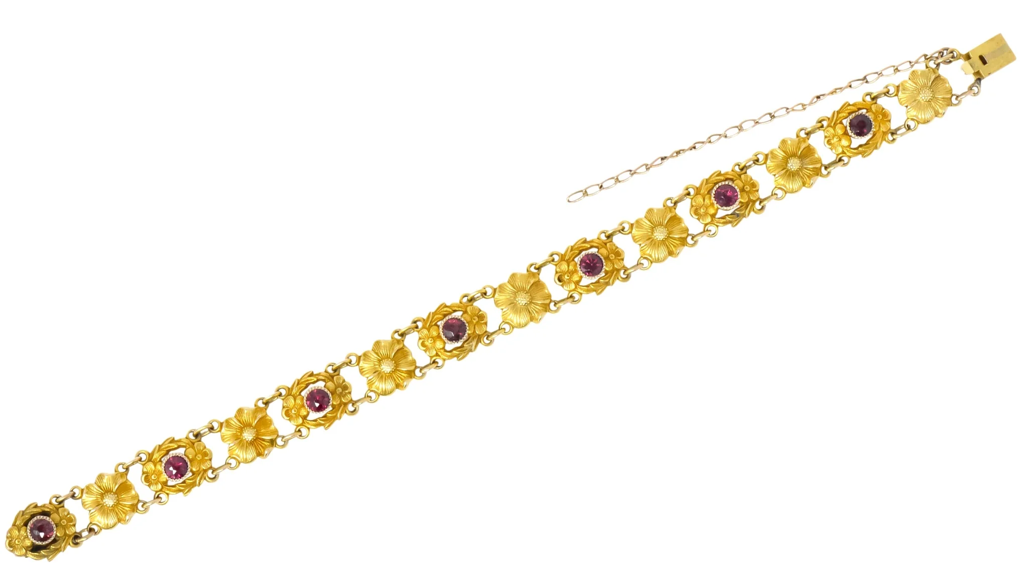 Victorian 0.45 CTW Ruby 14 Karat Gold Flower Link Bracelet - Image 7