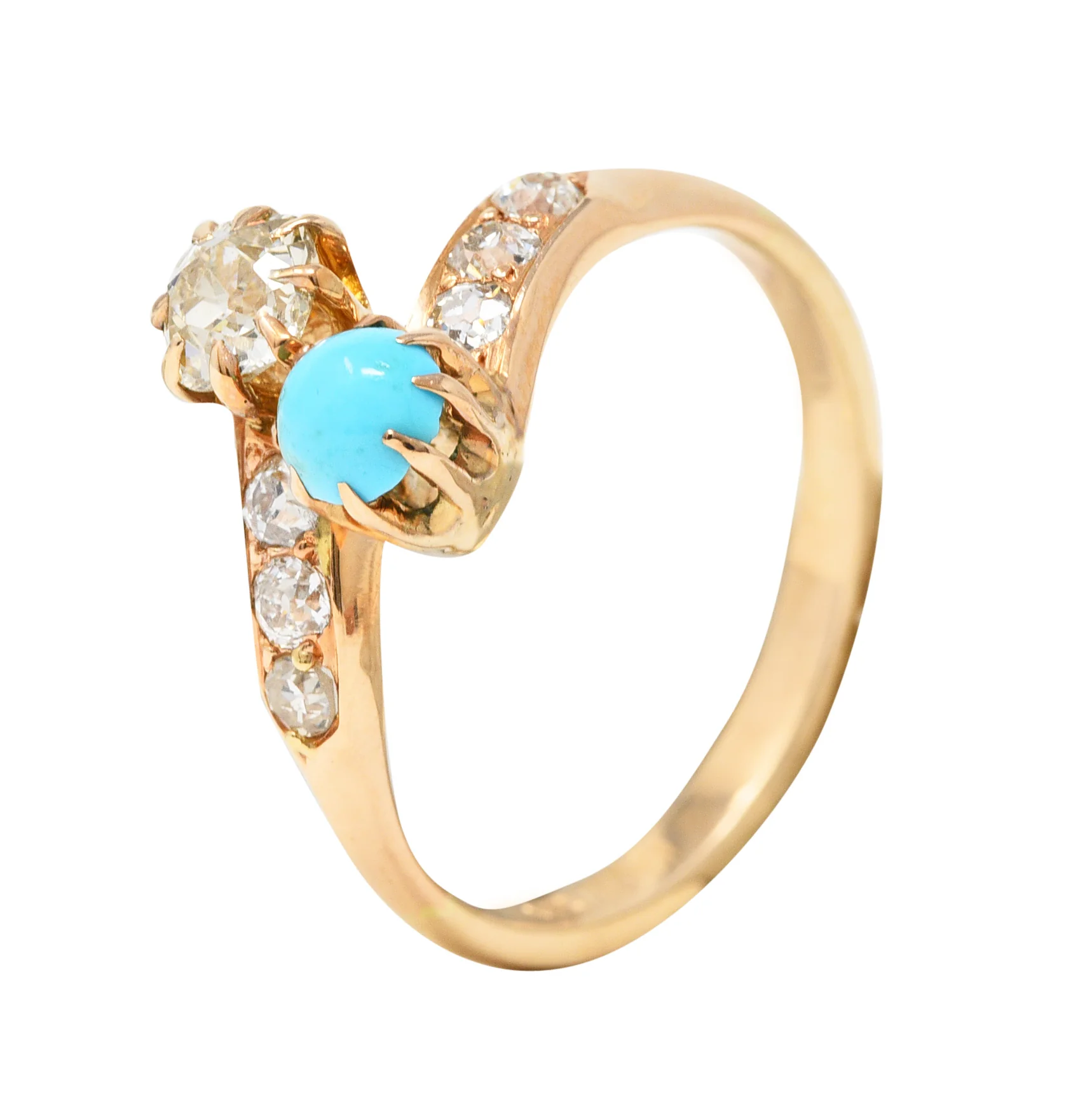 Victorian 0.46 CTW Old Mine & Old European Cut Diamond Turquoise 14 Karat Yellow Gold Toi Et Moi Antique Bypass Ring - Image 2