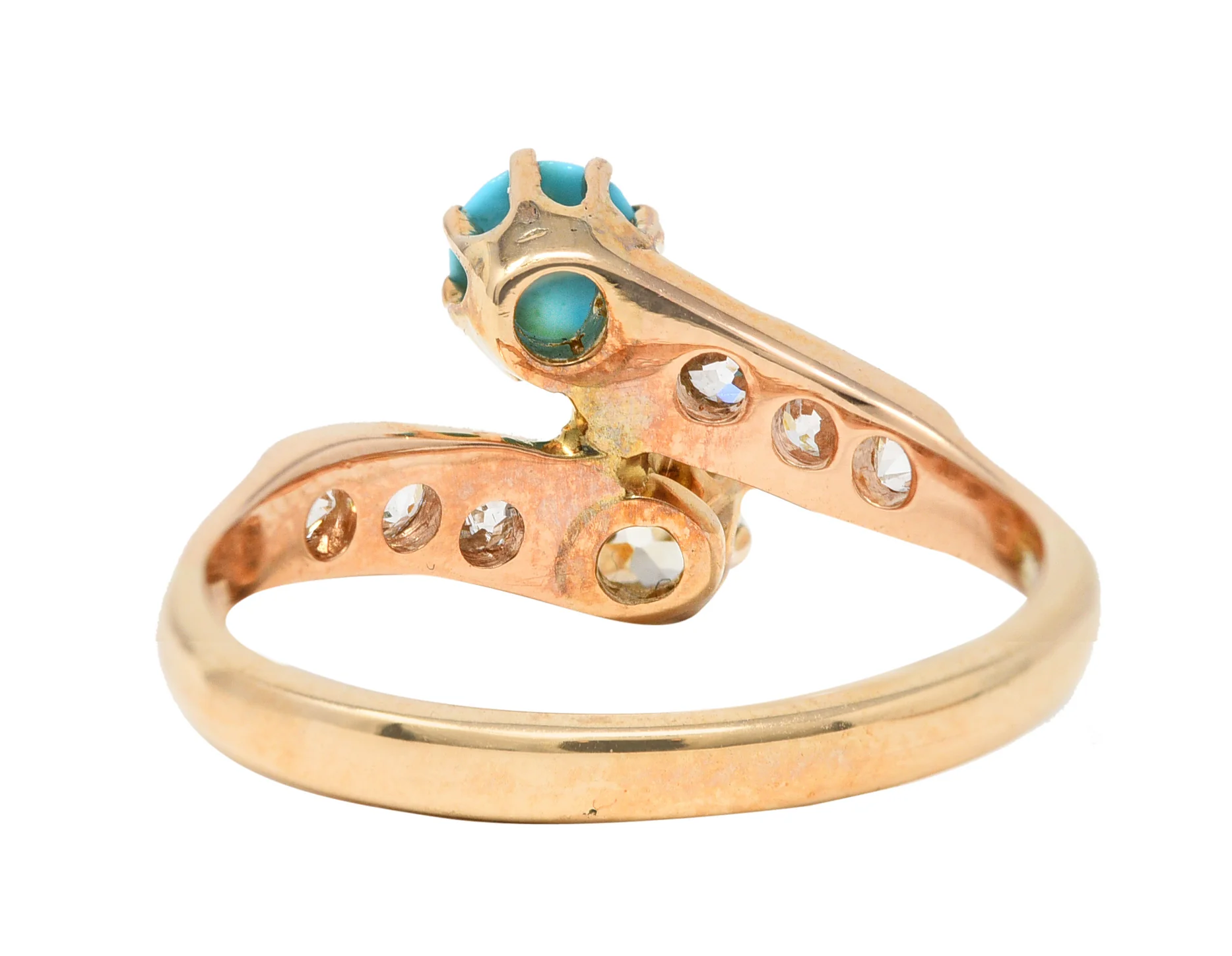 Victorian 0.46 CTW Old Mine & Old European Cut Diamond Turquoise 14 Karat Yellow Gold Toi Et Moi Antique Bypass Ring - Image 4