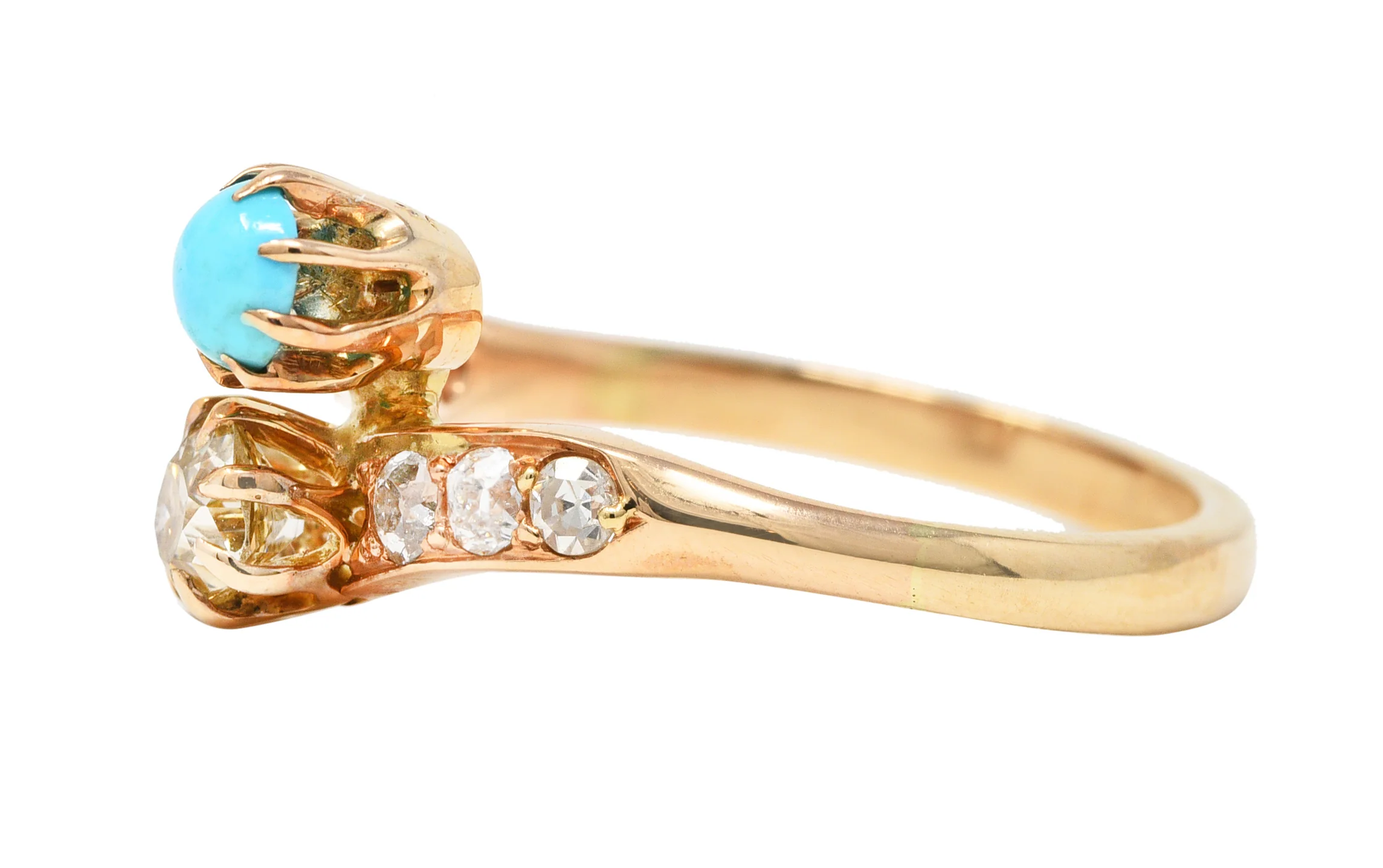 Victorian 0.46 CTW Old Mine & Old European Cut Diamond Turquoise 14 Karat Yellow Gold Toi Et Moi Antique Bypass Ring - Image 5
