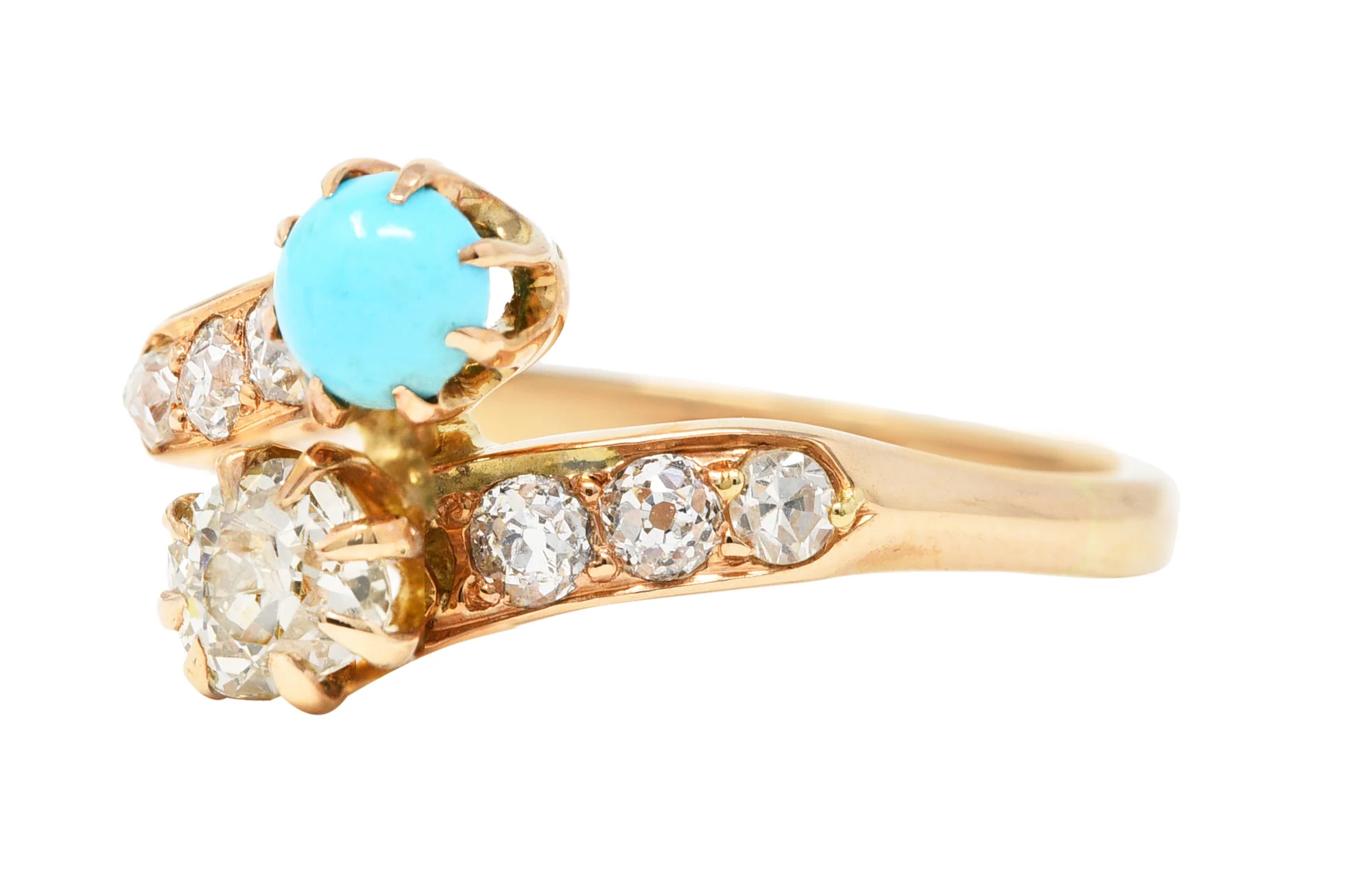 Victorian 0.46 CTW Old Mine & Old European Cut Diamond Turquoise 14 Karat Yellow Gold Toi Et Moi Antique Bypass Ring - Image 6