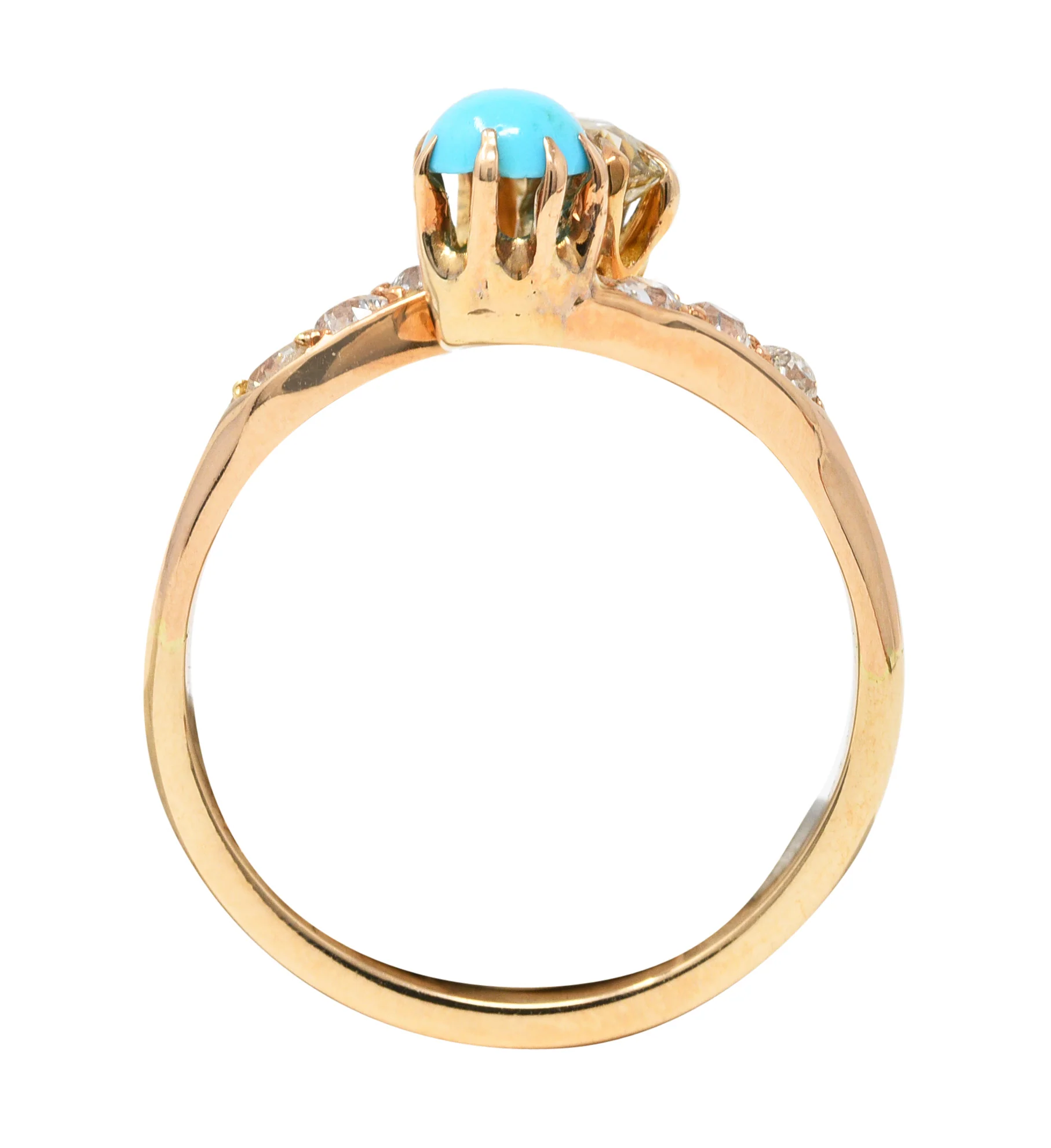 Victorian 0.46 CTW Old Mine & Old European Cut Diamond Turquoise 14 Karat Yellow Gold Toi Et Moi Antique Bypass Ring - Image 8