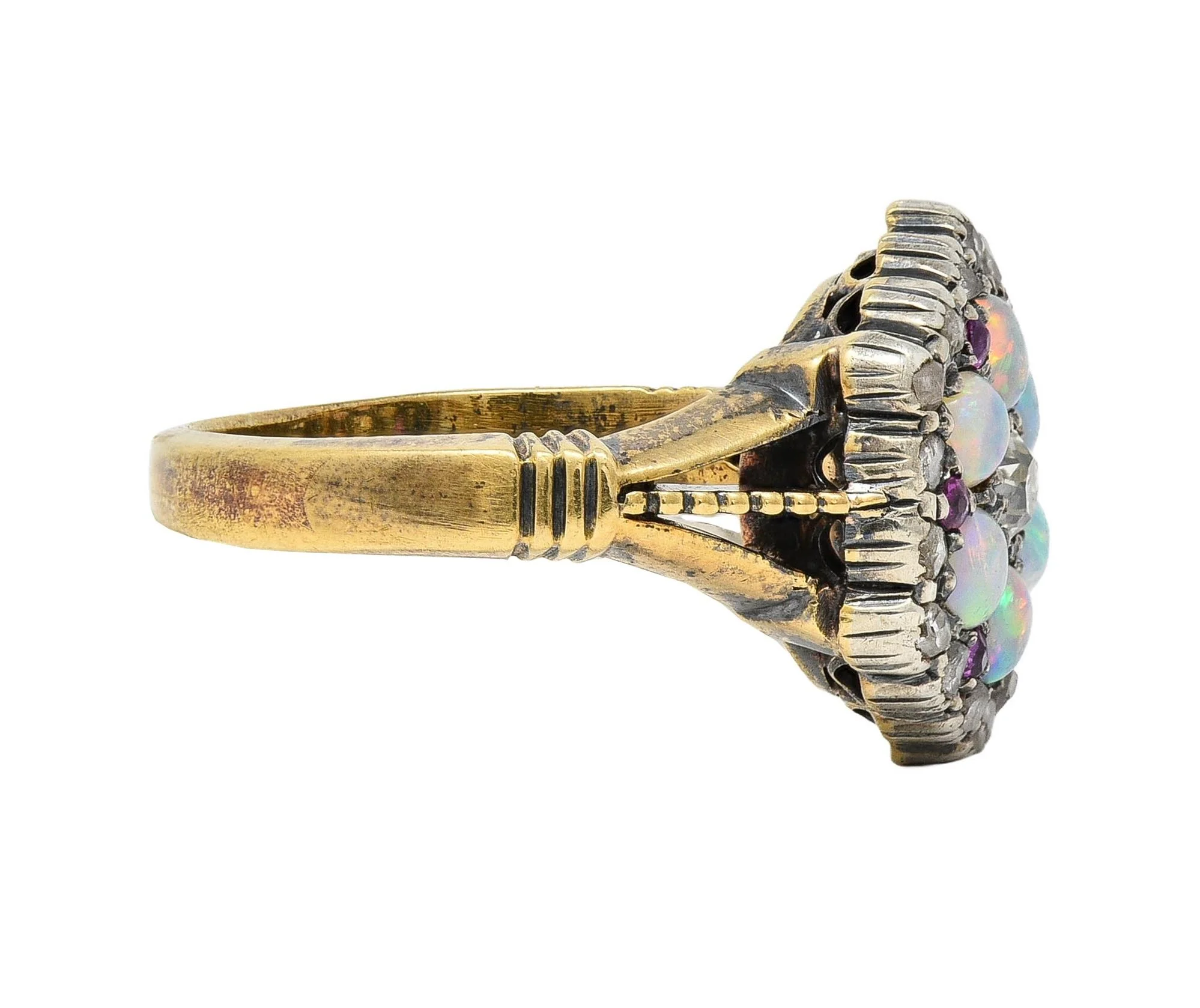 Victorian 0.58 CTW Diamond Ruby Opal Silver 14 Karat Gold Antique Cluster Ring - Image 3