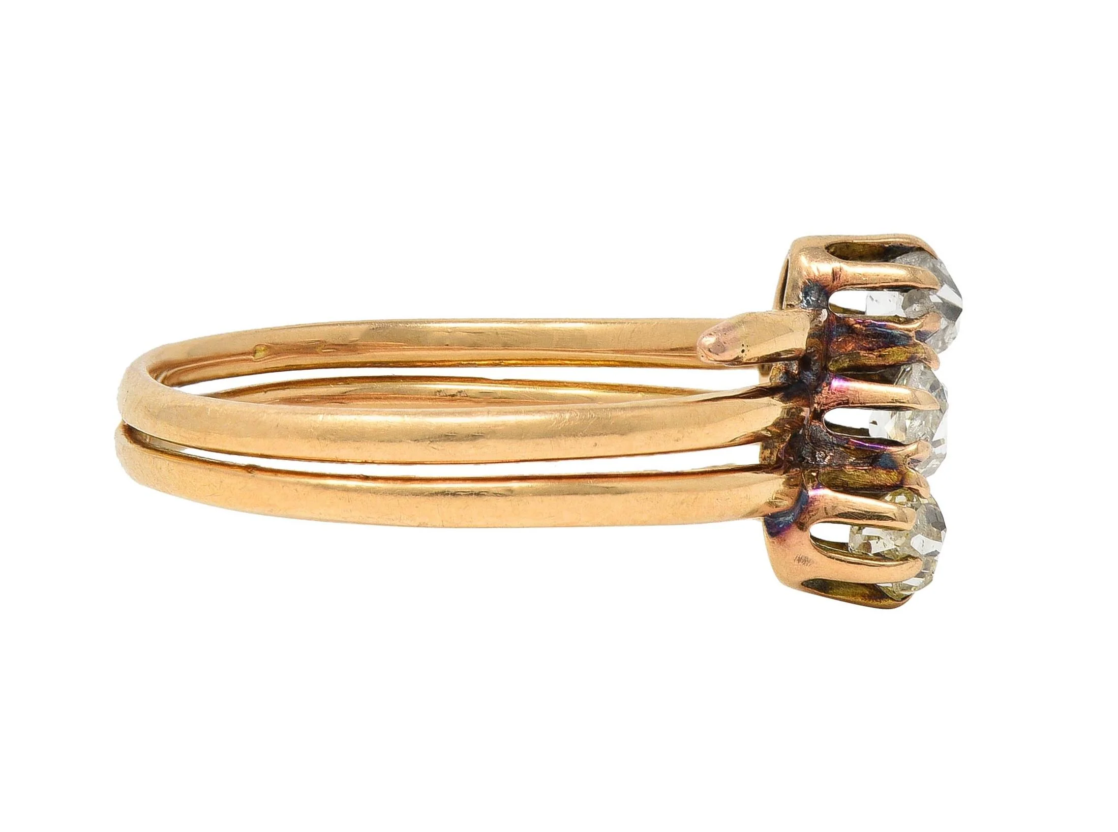 Victorian 0.60 CTW Old Mine Cut Diamond 14 Karat Yellow Gold Antique Three Stone Band Ring - Image 3