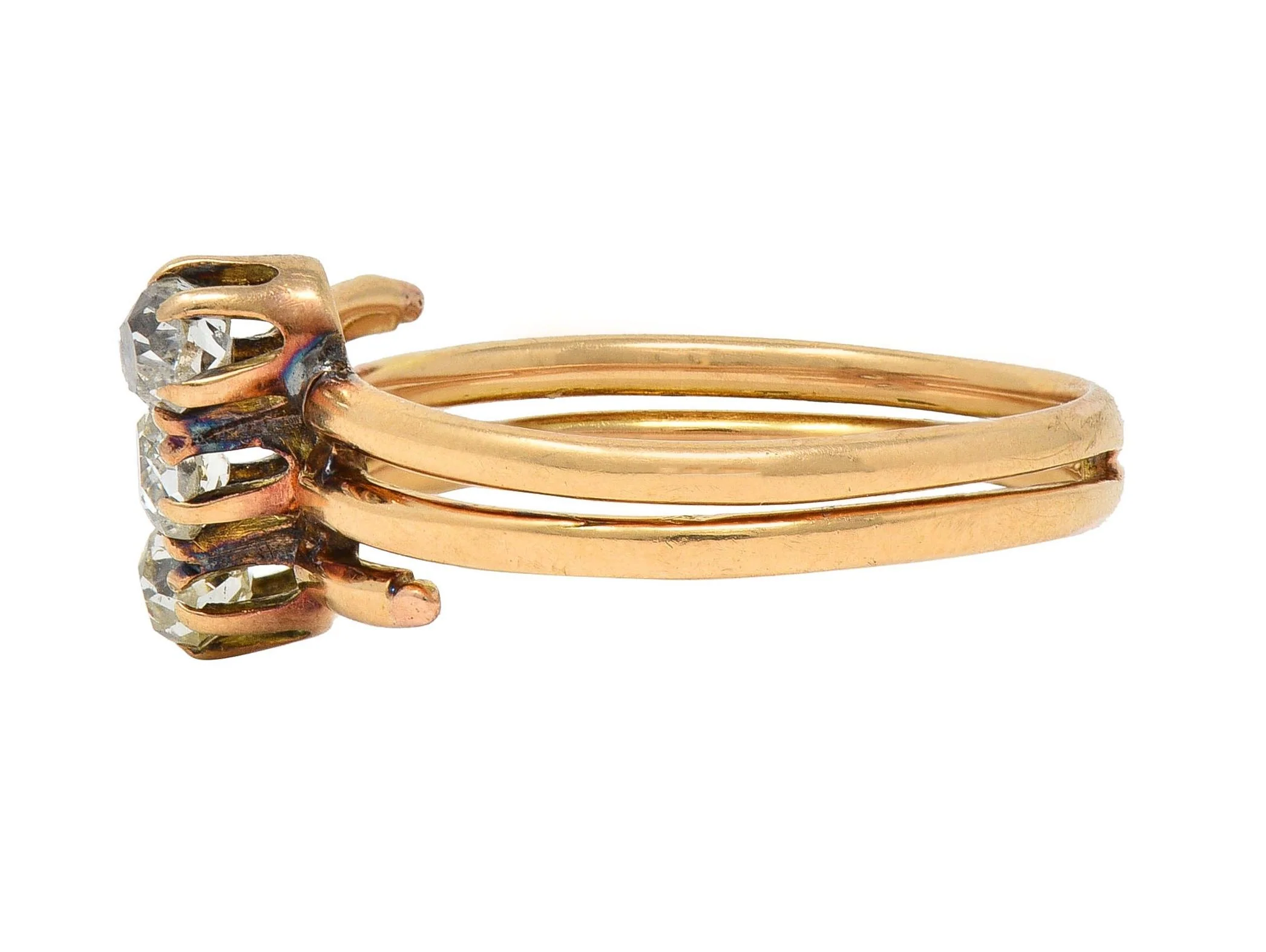 Victorian 0.60 CTW Old Mine Cut Diamond 14 Karat Yellow Gold Antique Three Stone Band Ring - Image 5