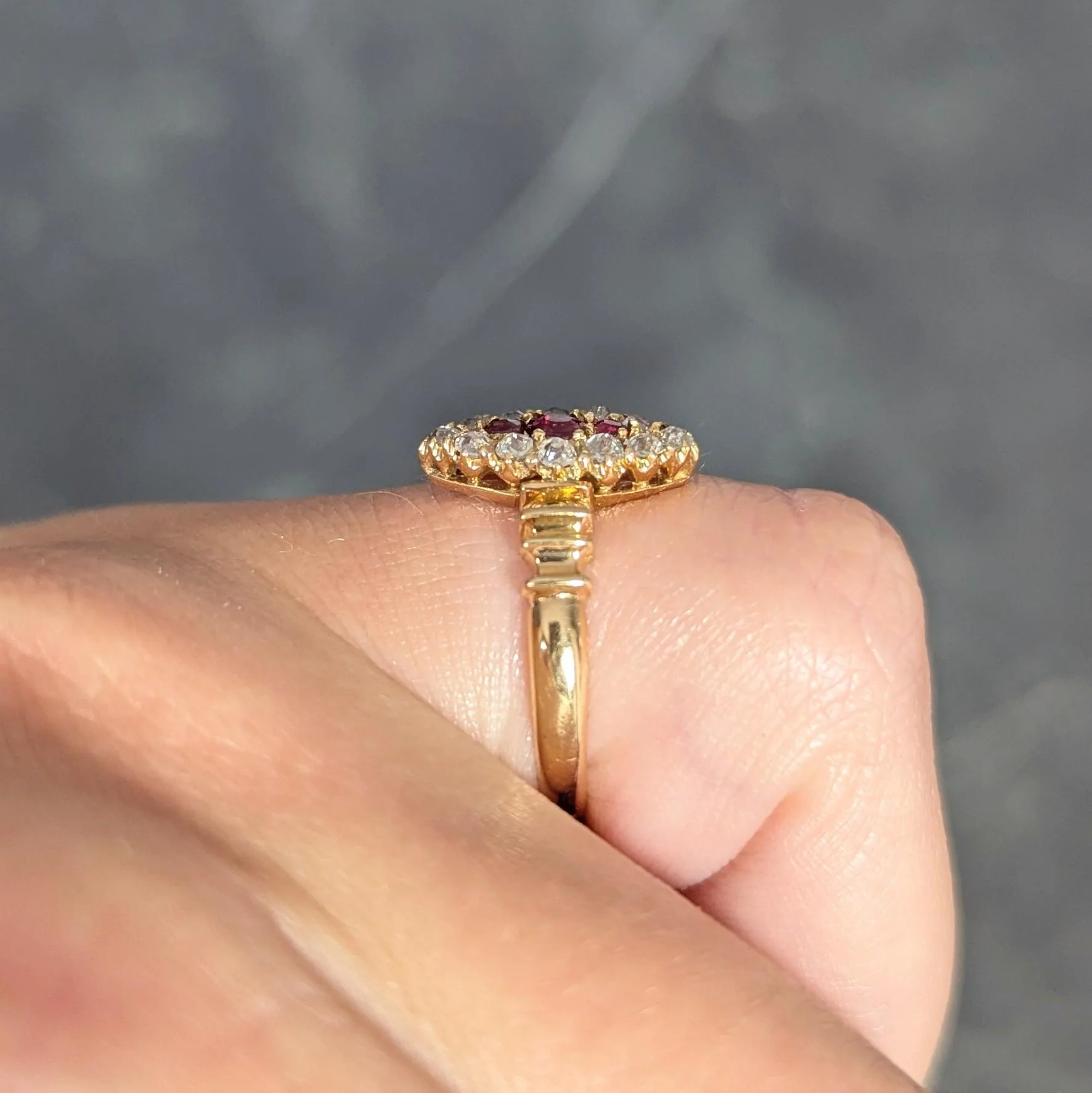 Victorian 0.62 CTW Ruby Diamond 18 Karat Yellow Gold Antique Navette Ring - Image 15