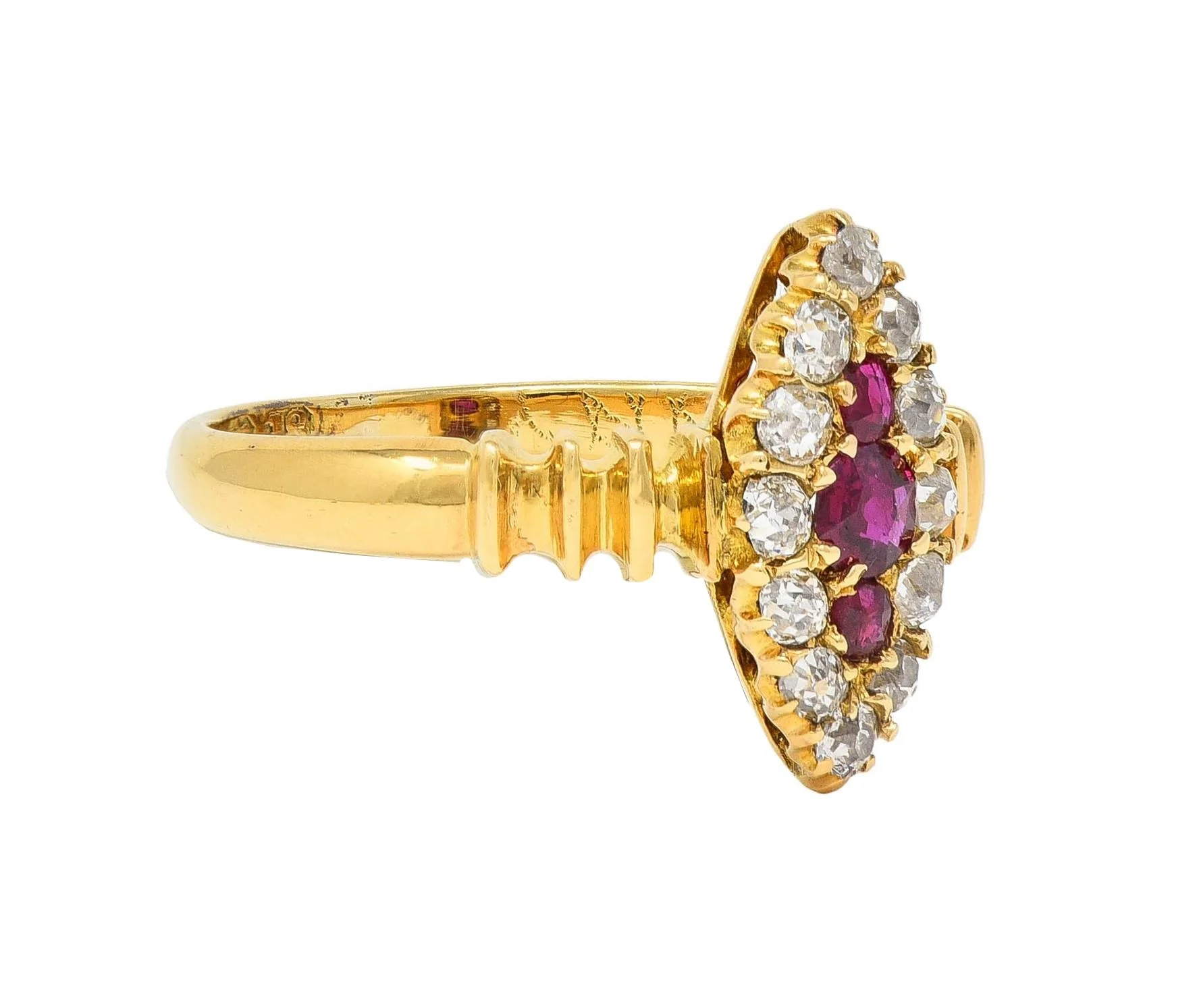 Victorian 0.62 CTW Ruby Diamond 18 Karat Yellow Gold Antique Navette Ring - Image 2