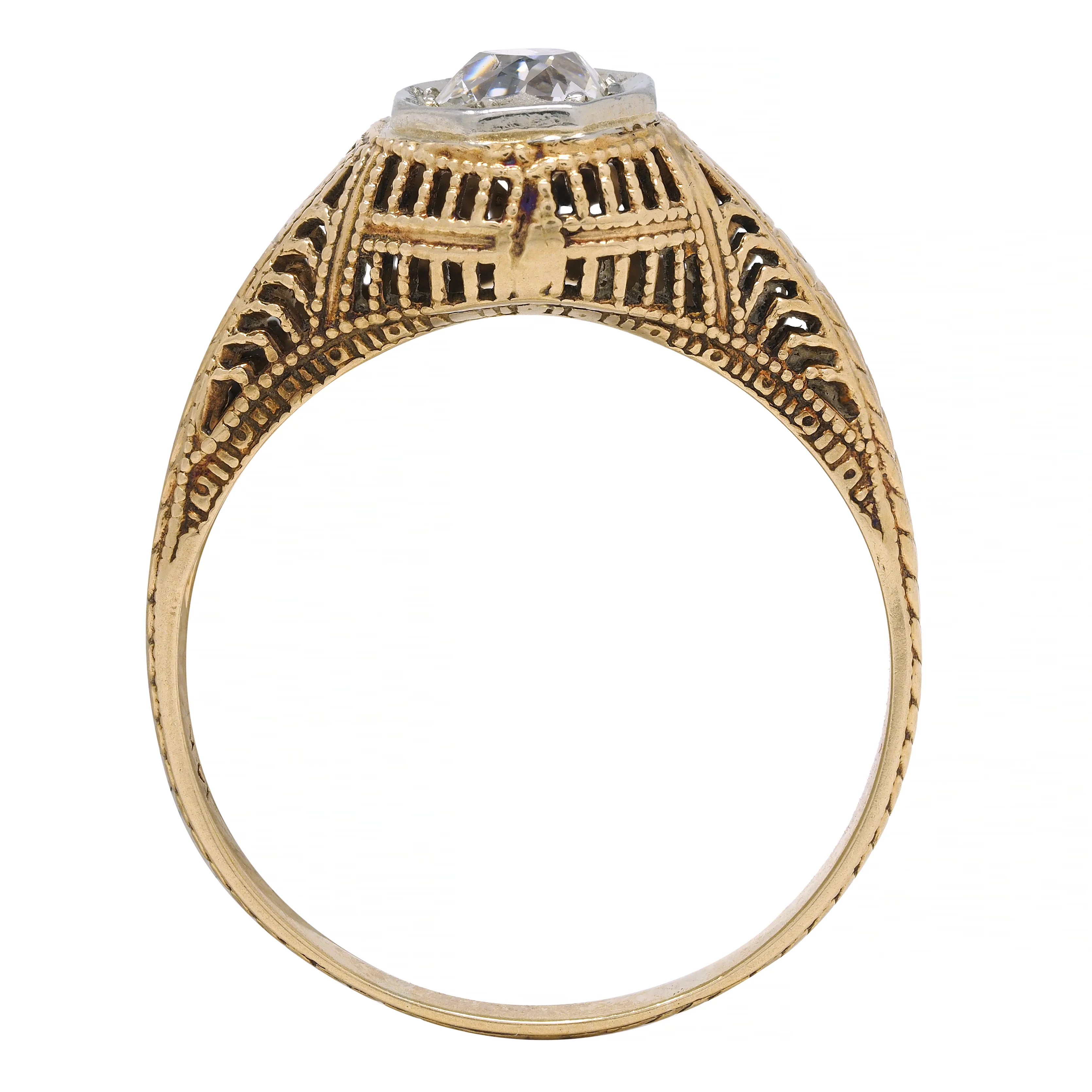 Victorian 0.64 CTW Old Mine Diamond Platinum 14 Karat Yellow Gold Wheat Solitaire Engagement Ring - Image 10