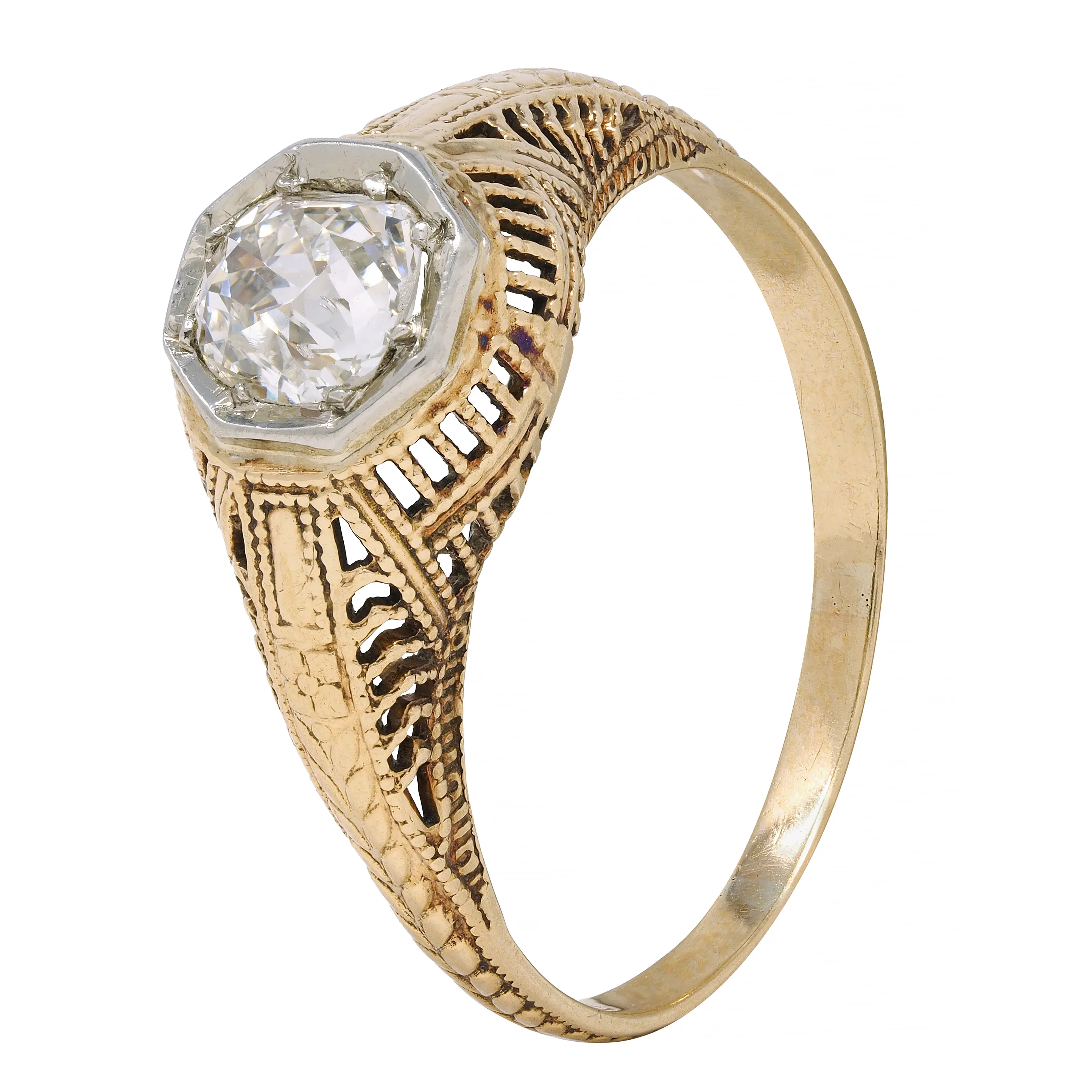 Victorian 0.64 CTW Old Mine Diamond Platinum 14 Karat Yellow Gold Wheat Solitaire Engagement Ring - Image 9