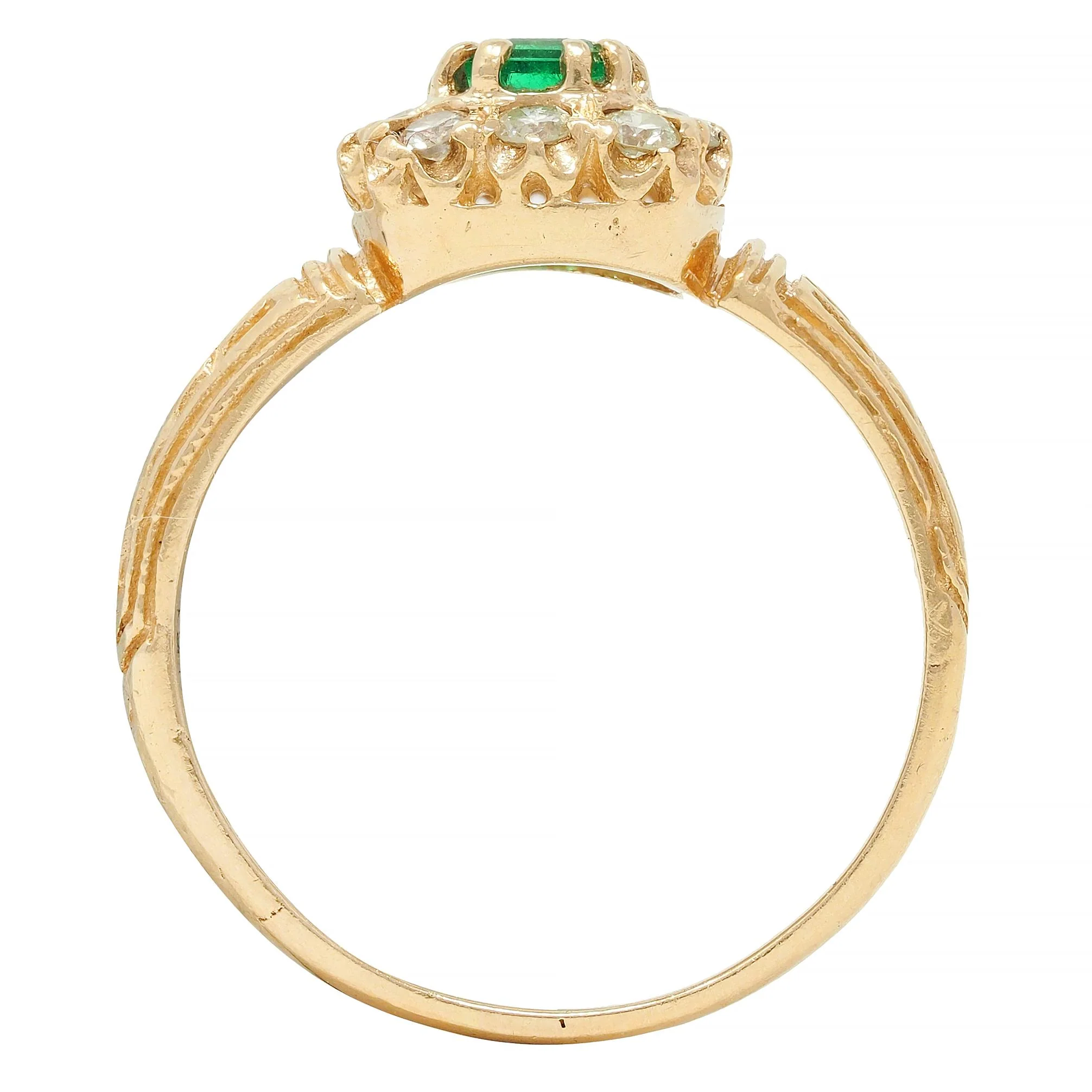 Victorian 0.65 CTW Emerald Diamond 14 Karat Yellow Gold Antique Halo Ring - Image 10