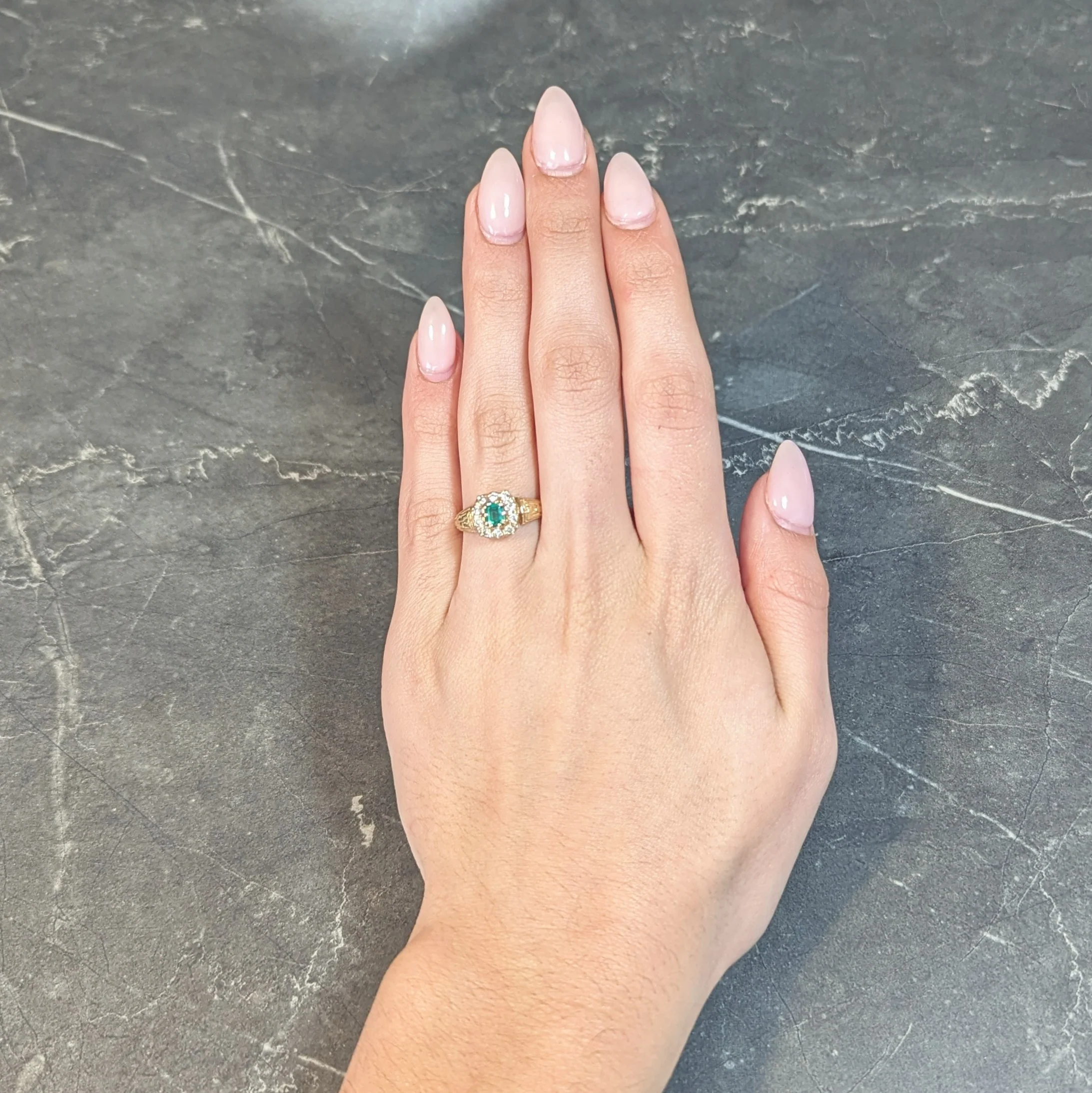 Victorian 0.65 CTW Emerald Diamond 14 Karat Yellow Gold Antique Halo Ring - Image 12