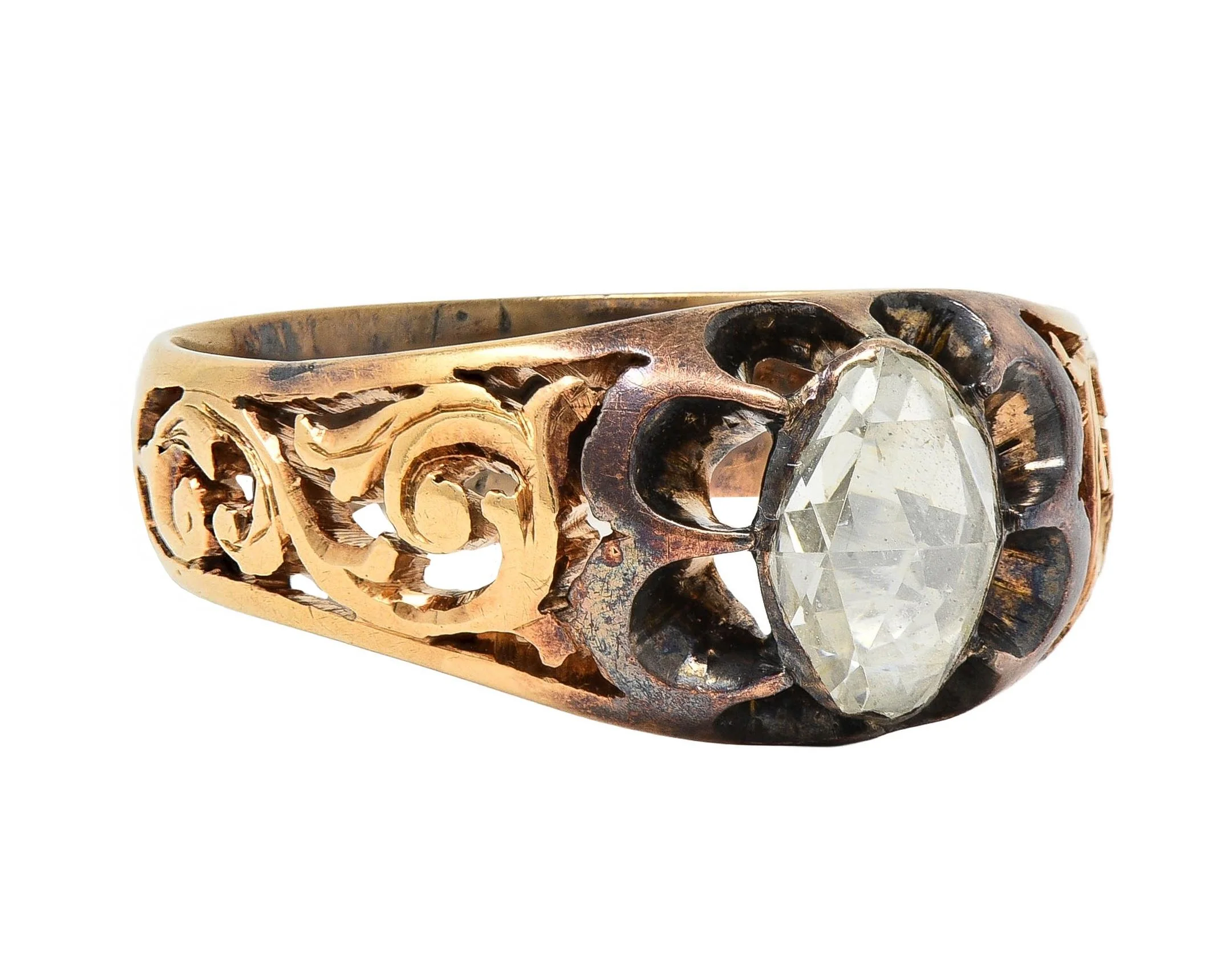Victorian 0.65 CTW Rose Cut Diamond 14 Karat Yellow Gold Antique Belcher Unisex Engagement Ring - Image 2