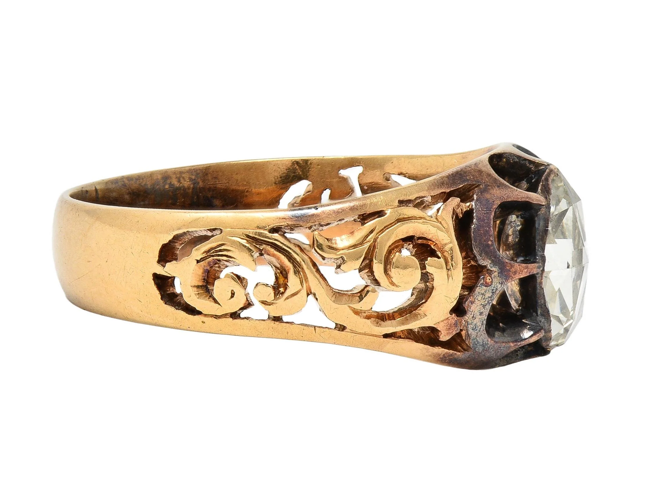 Victorian 0.65 CTW Rose Cut Diamond 14 Karat Yellow Gold Antique Belcher Unisex Engagement Ring - Image 4
