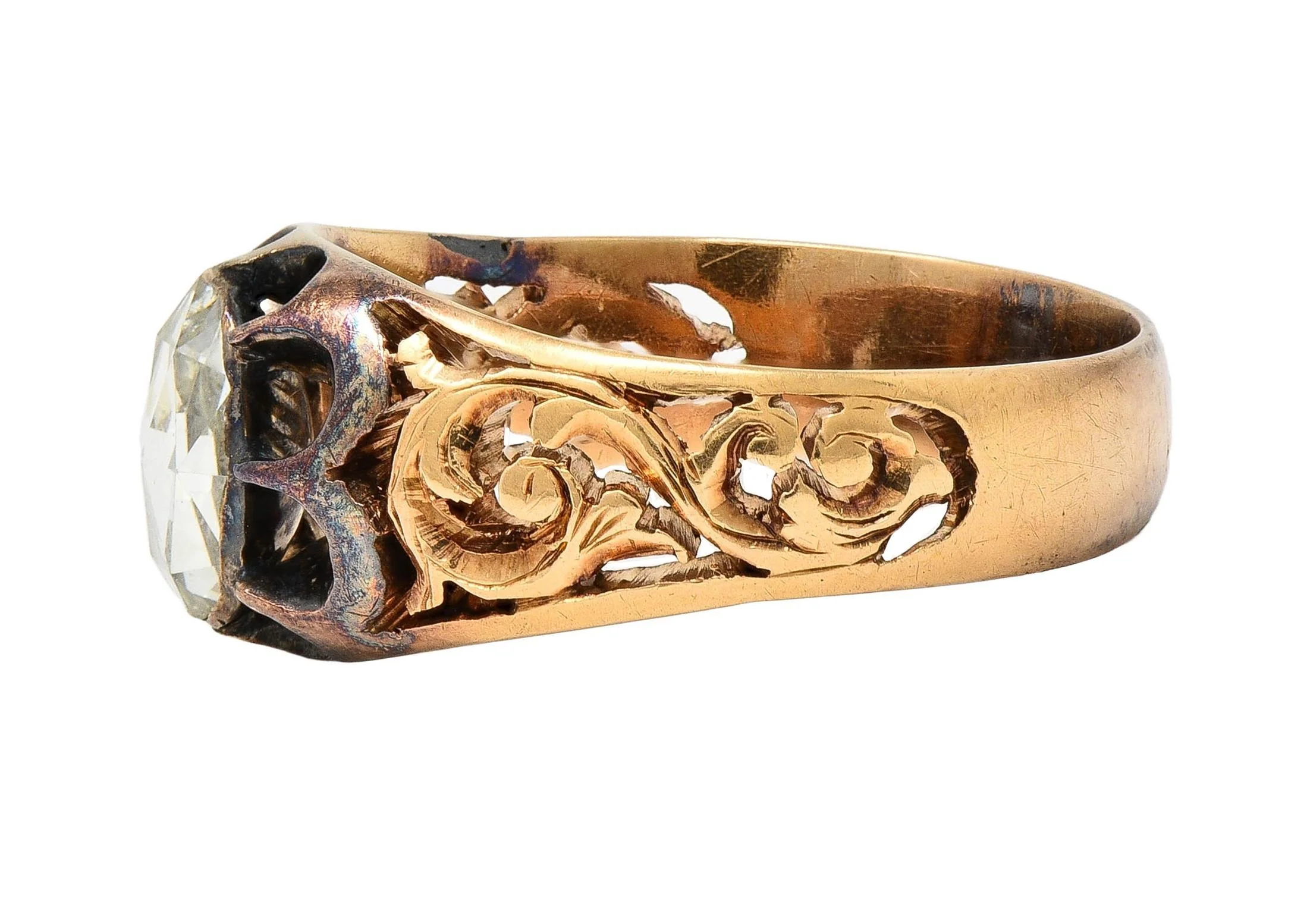 Victorian 0.65 CTW Rose Cut Diamond 14 Karat Yellow Gold Antique Belcher Unisex Engagement Ring - Image 6