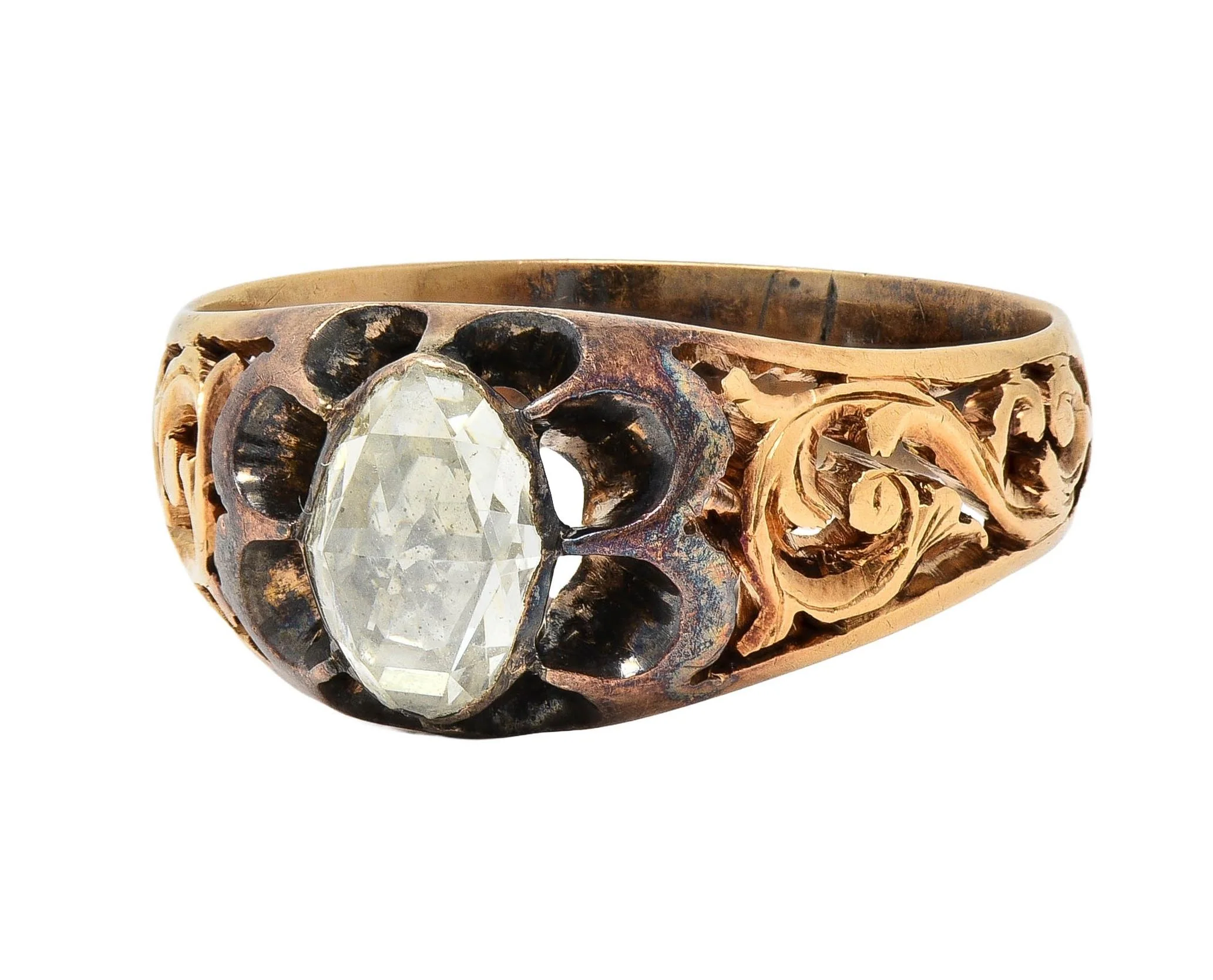 Victorian 0.65 CTW Rose Cut Diamond 14 Karat Yellow Gold Antique Belcher Unisex Engagement Ring - Image 7