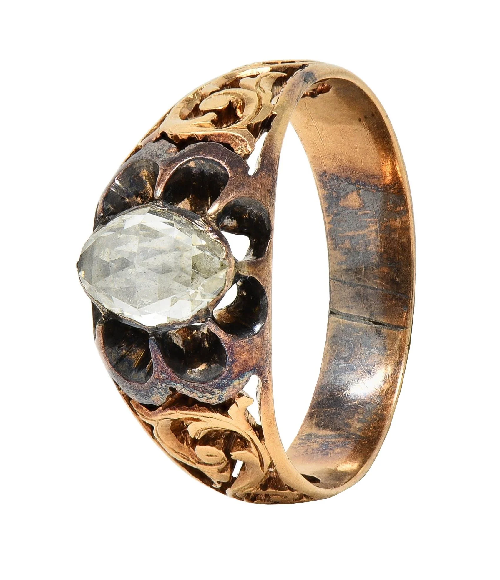 Victorian 0.65 CTW Rose Cut Diamond 14 Karat Yellow Gold Antique Belcher Unisex Engagement Ring - Image 8