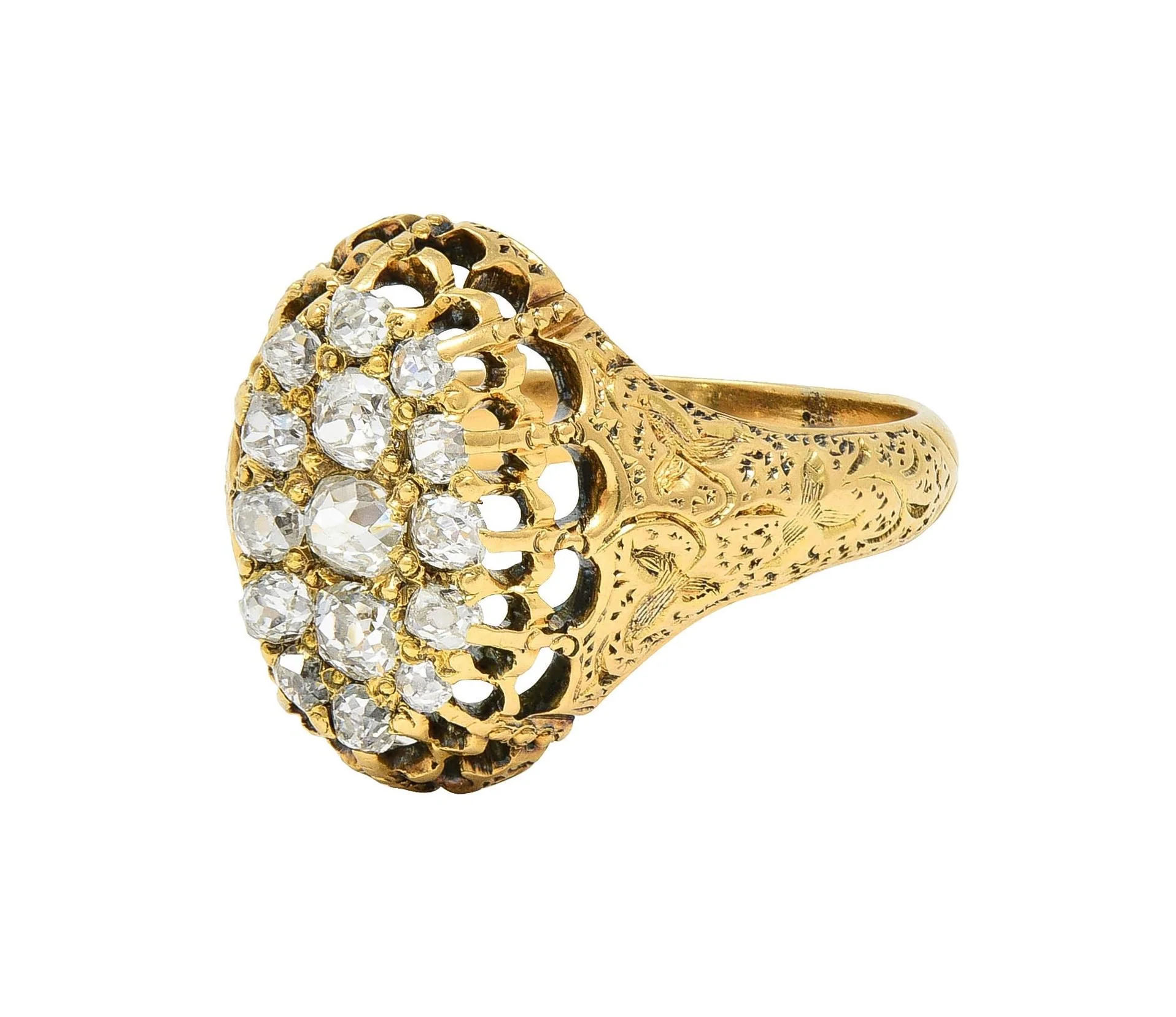 Victorian 0.66 CTW Old Mine Diamond 18 Karat Gold Foliate Antique Cluster Ring - Image 6