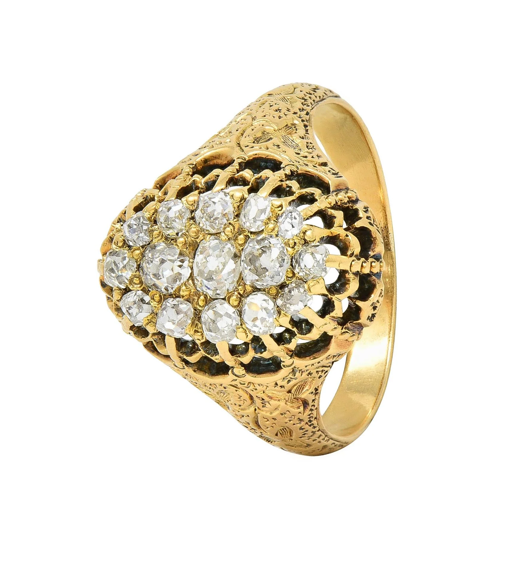 Victorian 0.66 CTW Old Mine Diamond 18 Karat Gold Foliate Antique Cluster Ring - Image 7