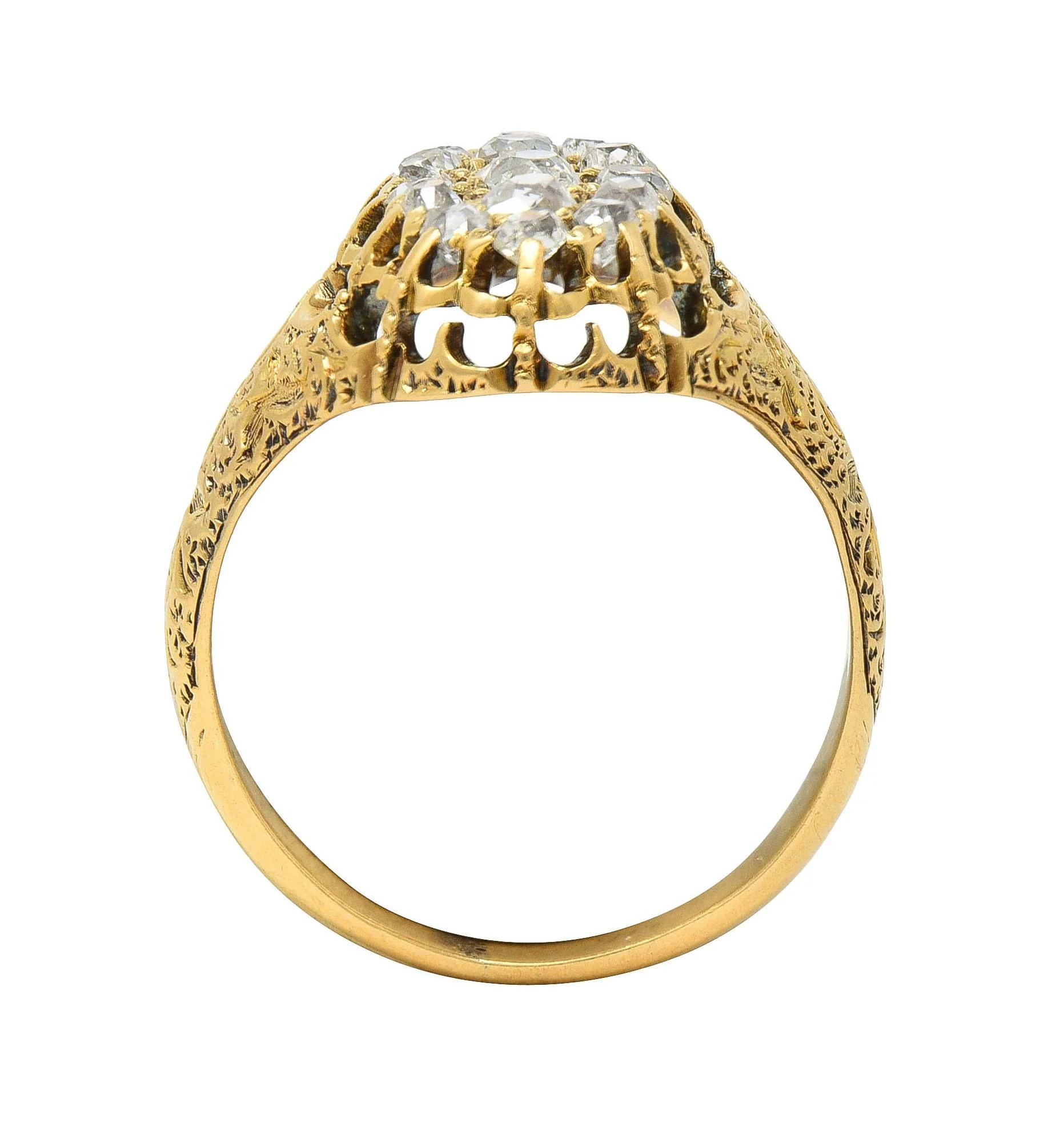 Victorian 0.66 CTW Old Mine Diamond 18 Karat Gold Foliate Antique Cluster Ring - Image 8