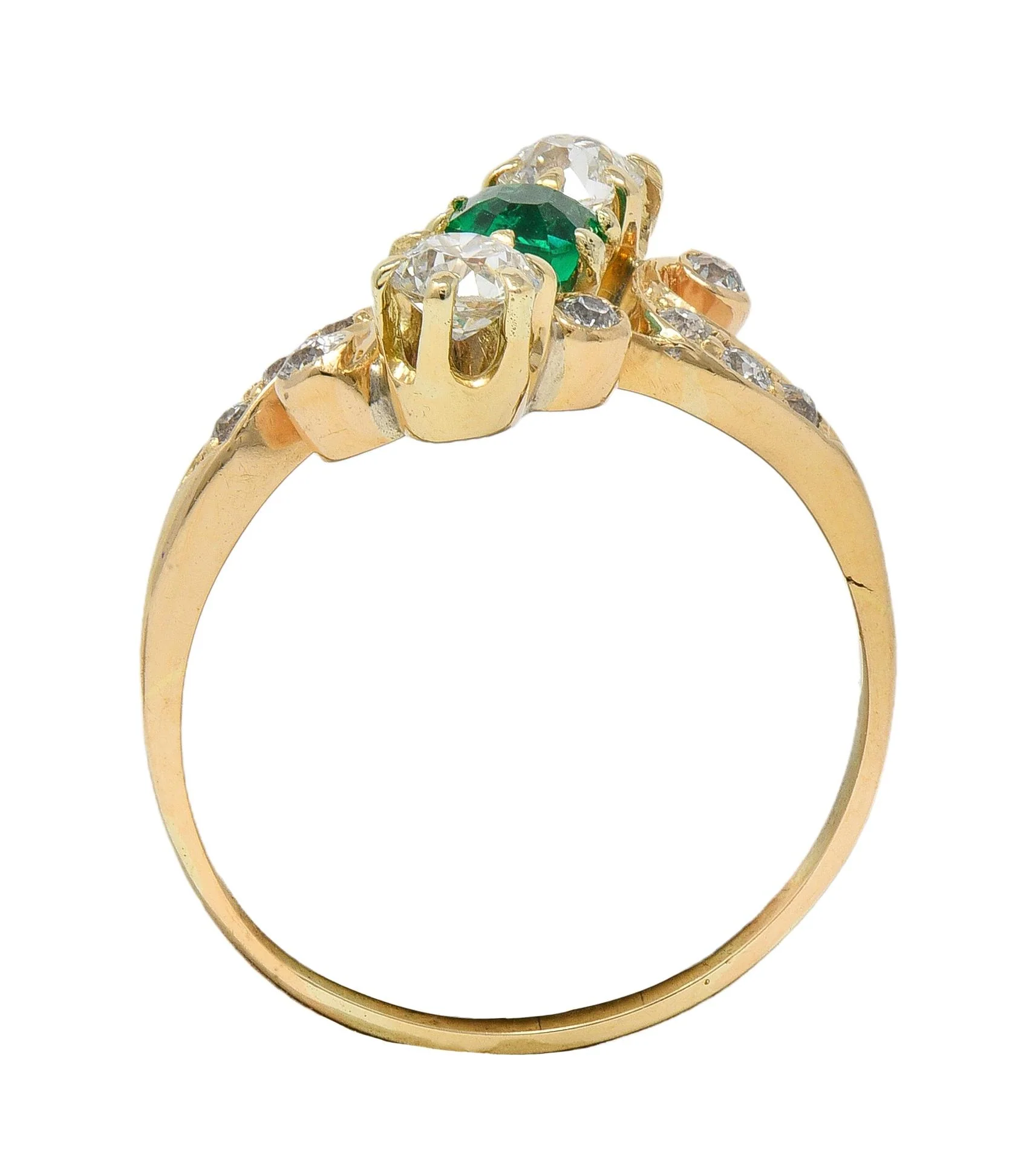 Victorian 0.84 CTW Emerald Diamond 18 Karat Yellow Gold Antique Bypass Ring - Image 7