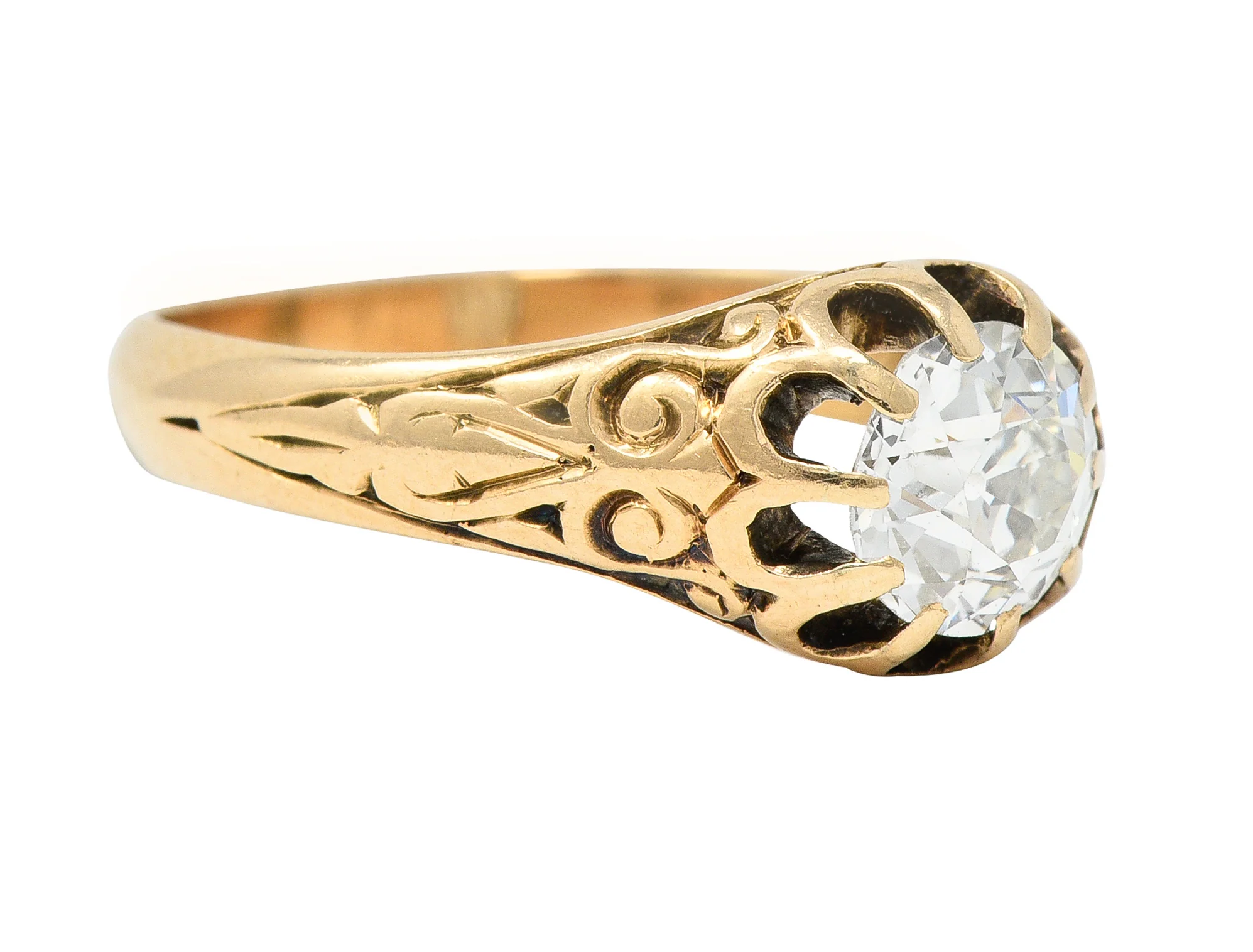 Victorian 0.86 CTW Old European Cut Diamond 14 Karat Yellow Gold Belcher Set Solitaire Antique Engagement Ring - Image 2