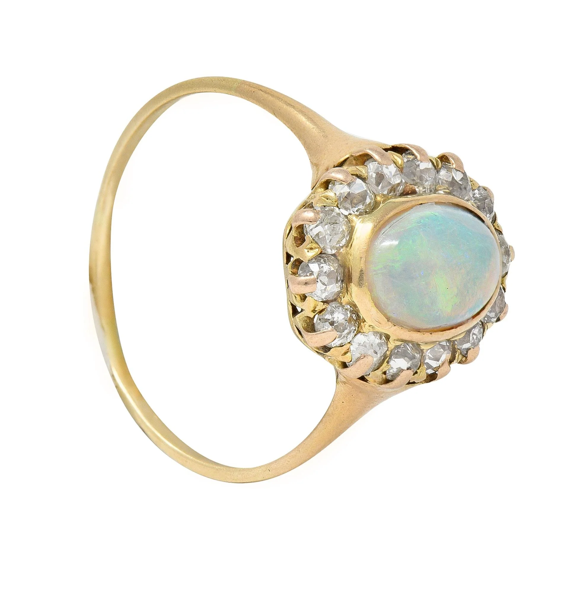 Victorian 0.86 CTW Opal Cabochon Diamond 14 Karat Yellow Gold Antique Halo Ring - Image 10