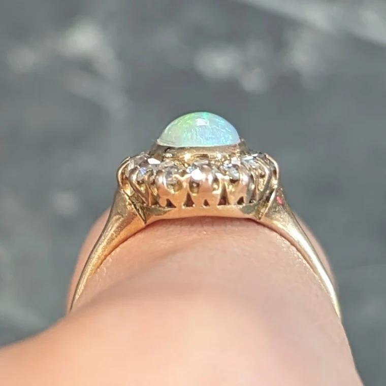 Victorian 0.86 CTW Opal Cabochon Diamond 14 Karat Yellow Gold Antique Halo Ring - Image 12