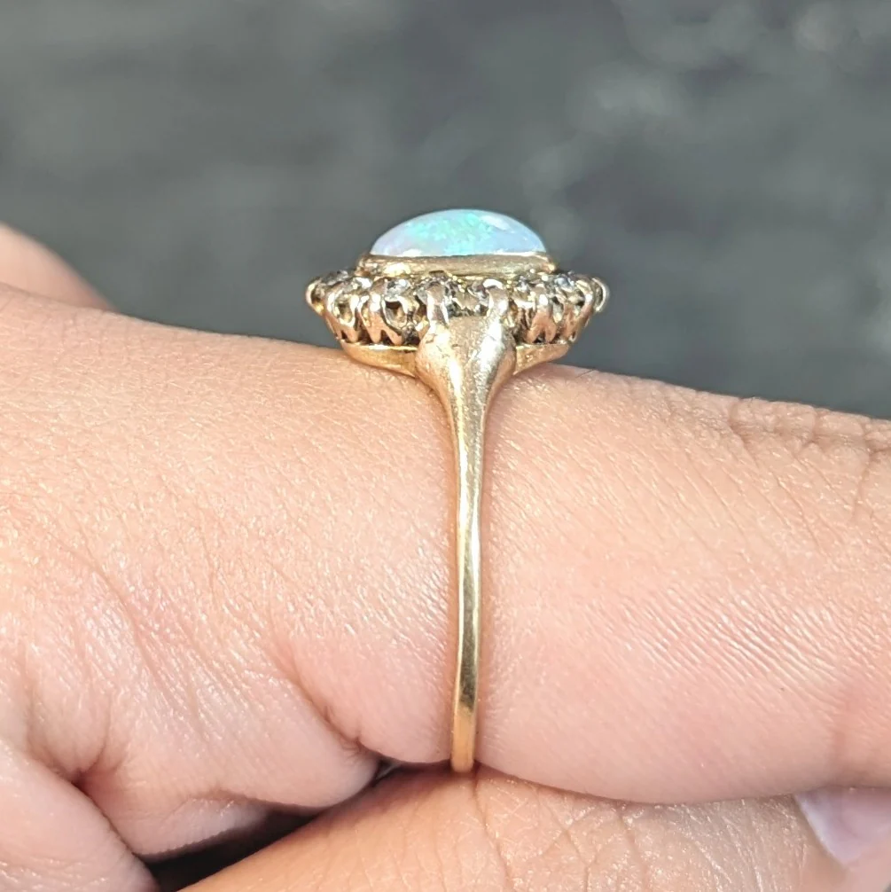 Victorian 0.86 CTW Opal Cabochon Diamond 14 Karat Yellow Gold Antique Halo Ring - Image 13