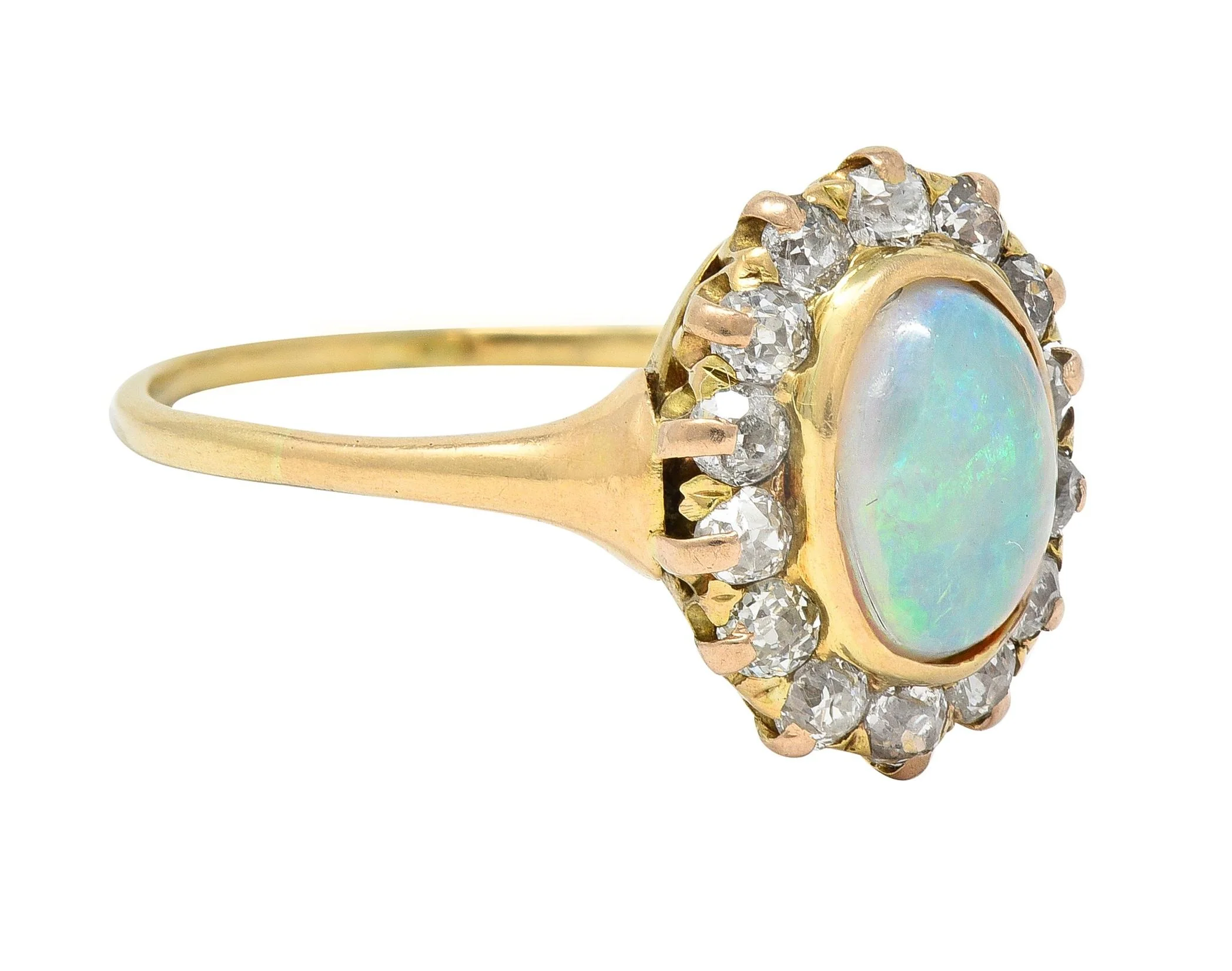 Victorian 0.86 CTW Opal Cabochon Diamond 14 Karat Yellow Gold Antique Halo Ring - Image 3