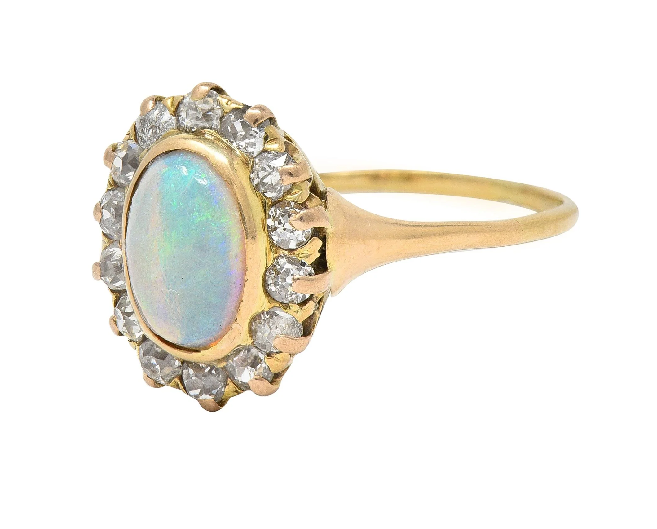 Victorian 0.86 CTW Opal Cabochon Diamond 14 Karat Yellow Gold Antique Halo Ring - Image 7