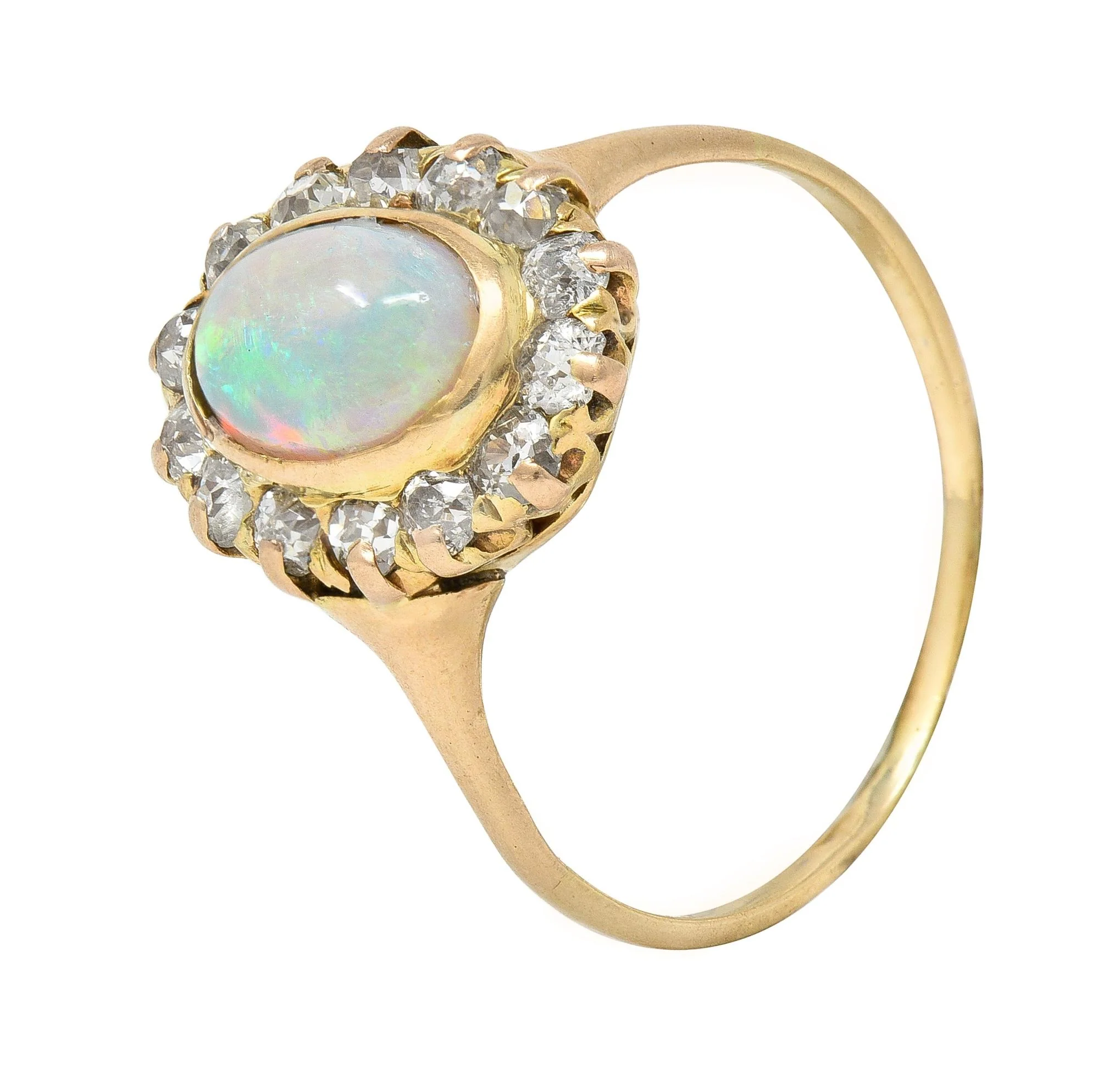 Victorian 0.86 CTW Opal Cabochon Diamond 14 Karat Yellow Gold Antique Halo Ring - Image 8
