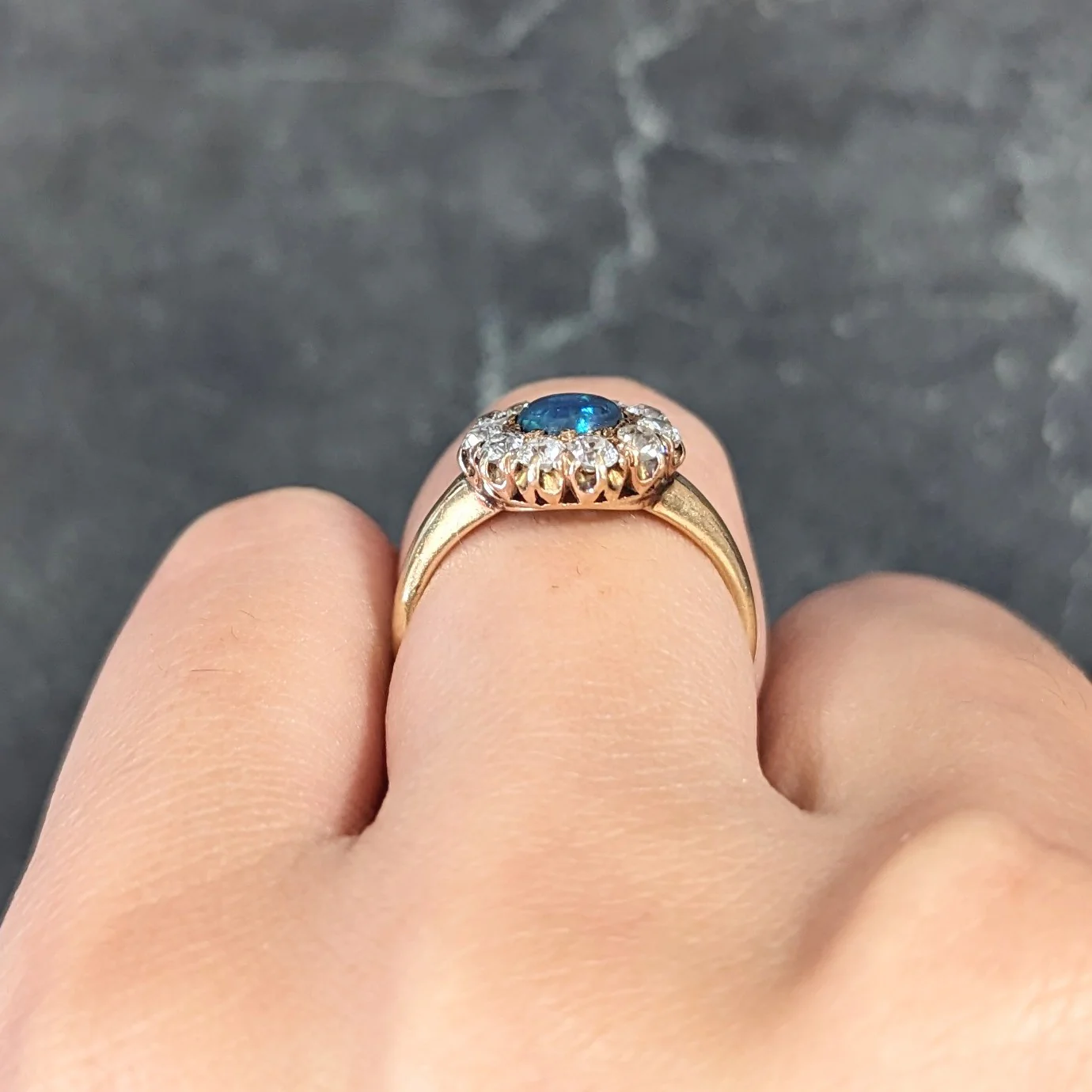 Victorian 0.88 CTW Black Opal Cabochon Old European Cut Diamond 14 Karat Yellow Gold Antique Halo Ring - Image 11