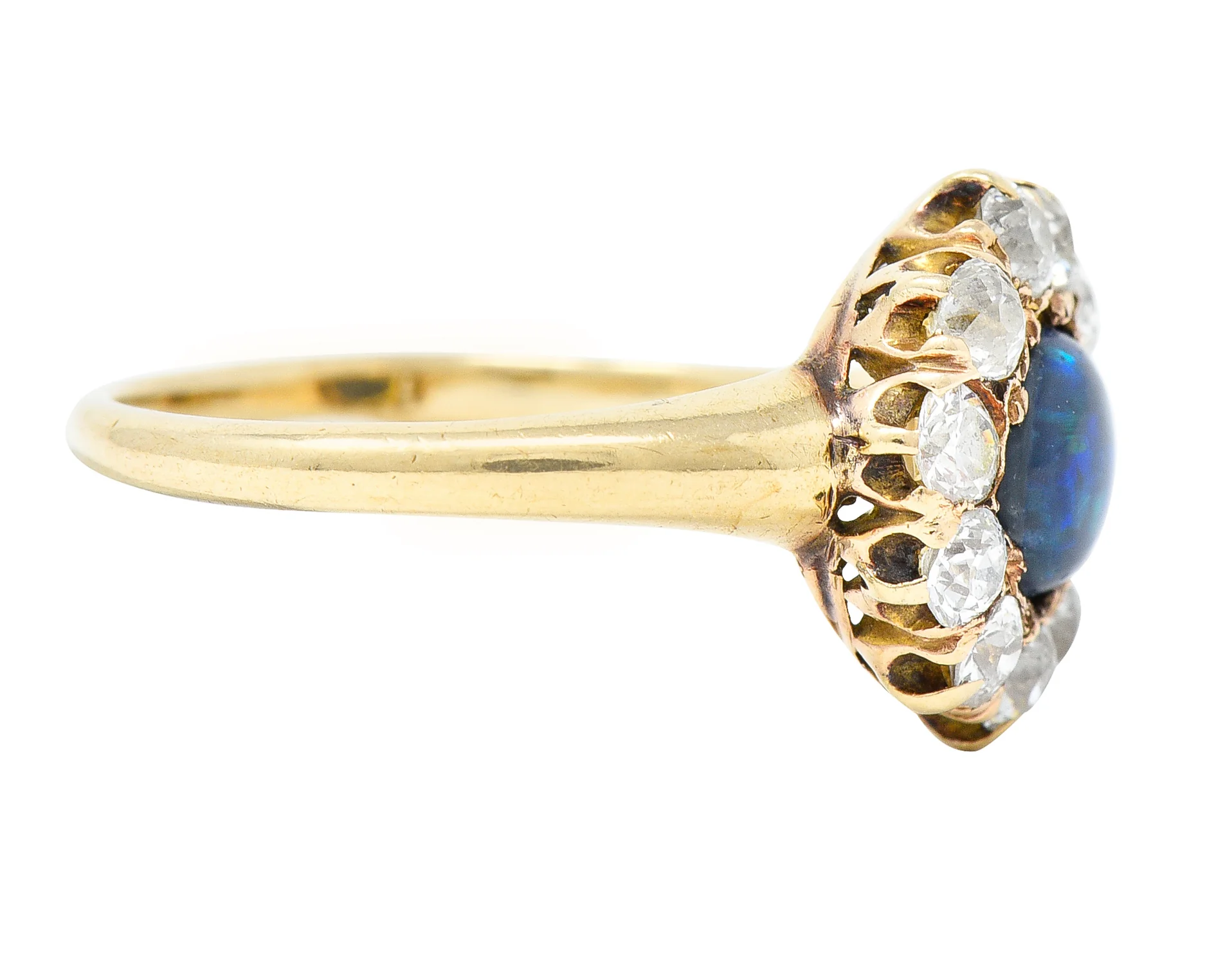 Victorian 0.88 CTW Black Opal Cabochon Old European Cut Diamond 14 Karat Yellow Gold Antique Halo Ring - Image 3