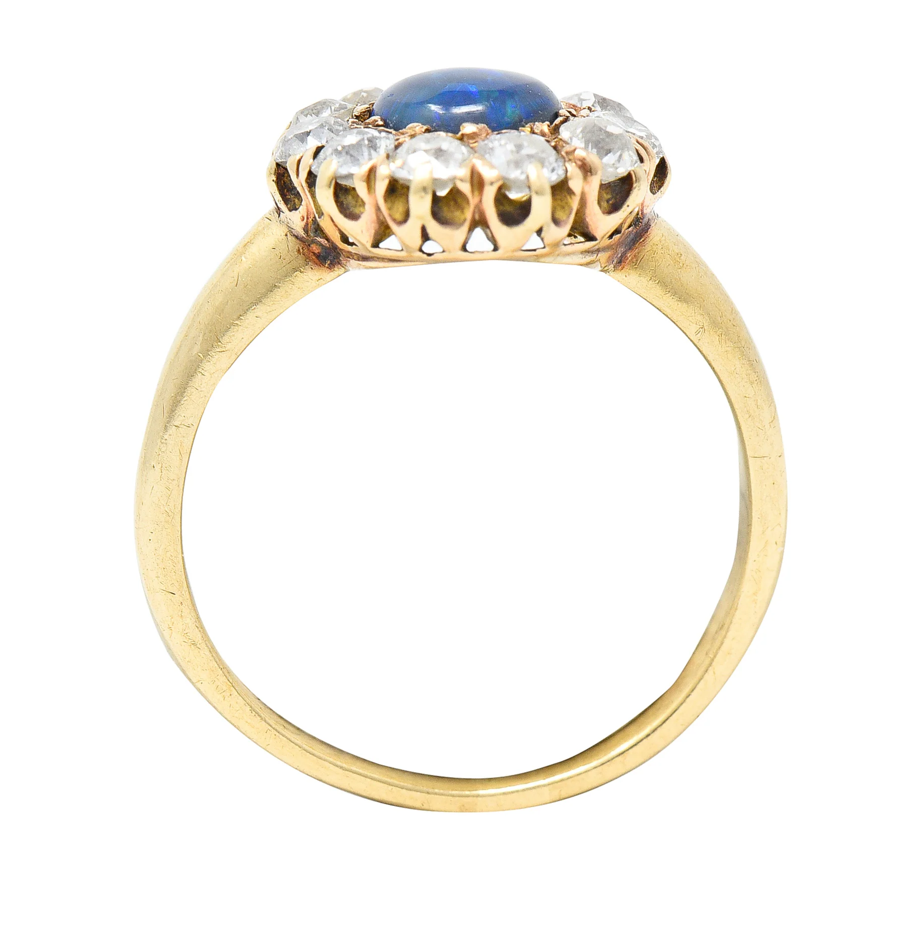 Victorian 0.88 CTW Black Opal Cabochon Old European Cut Diamond 14 Karat Yellow Gold Antique Halo Ring - Image 8