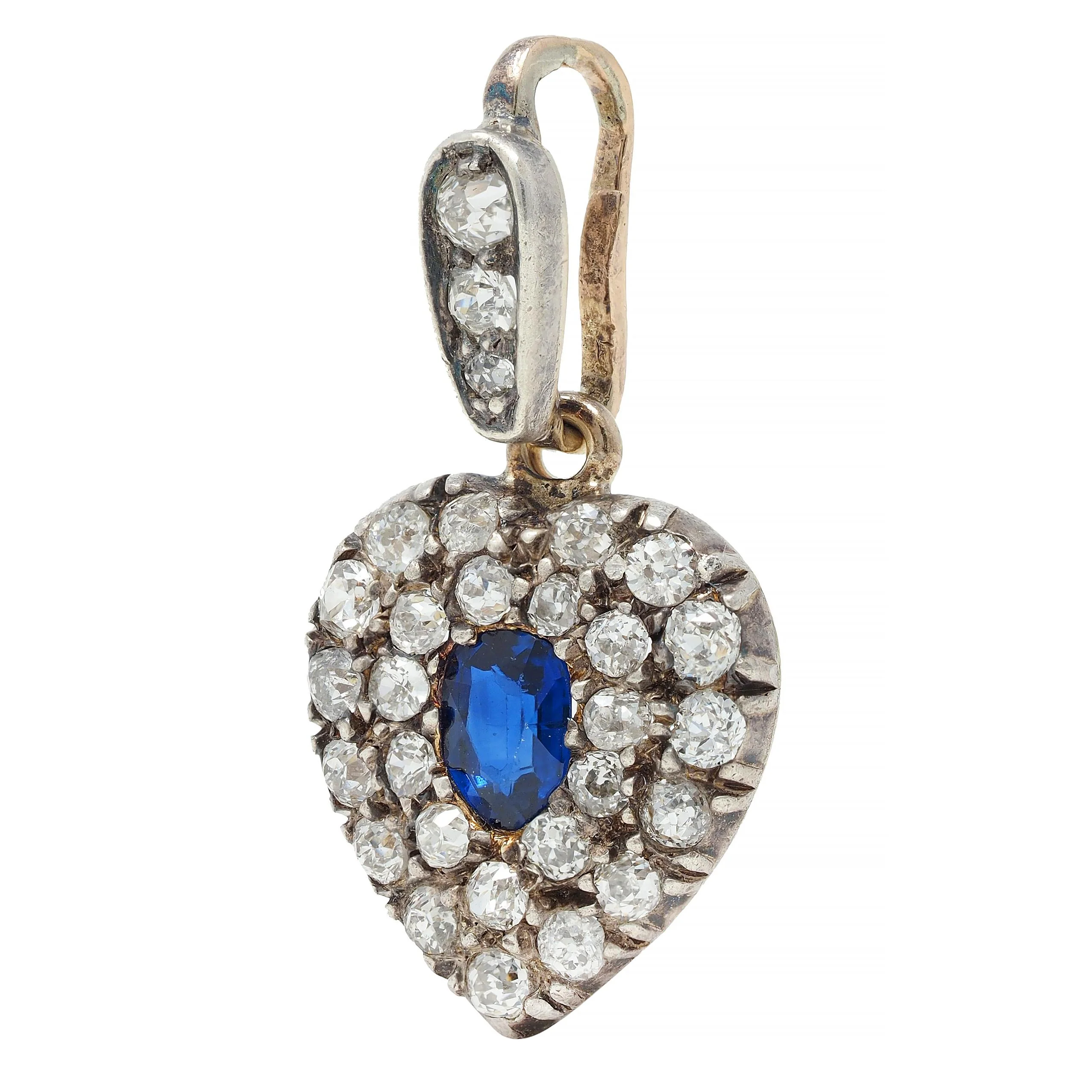 Victorian 0.95 CTW Sapphire Diamond Silver 14 Karat Gold Antique Heart Pendant - Image 5