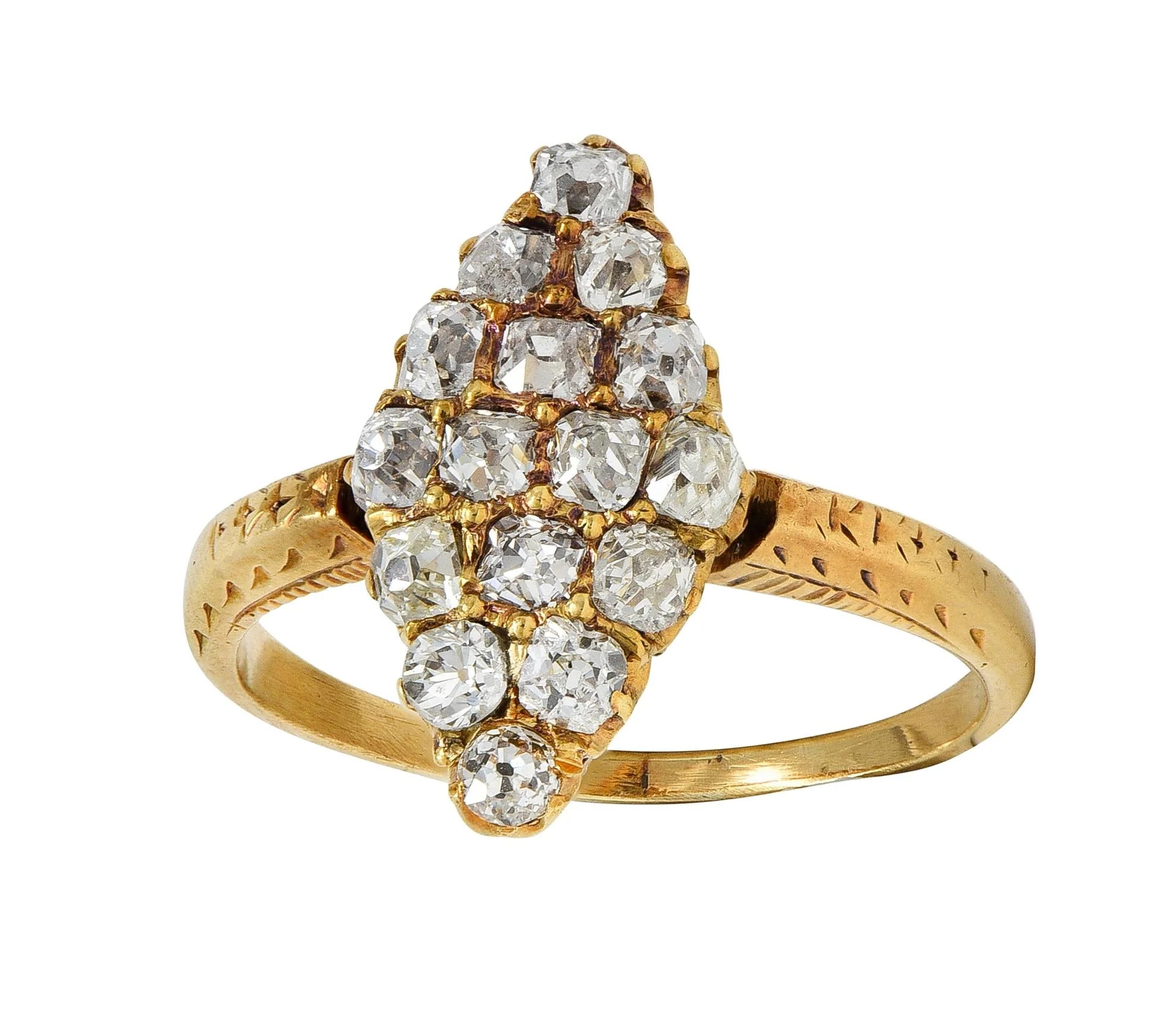 Victorian 0.96 CTW Old Mine Cut Diamond 18 Karat Yellow Gold Antique Navette Ring - Image 6