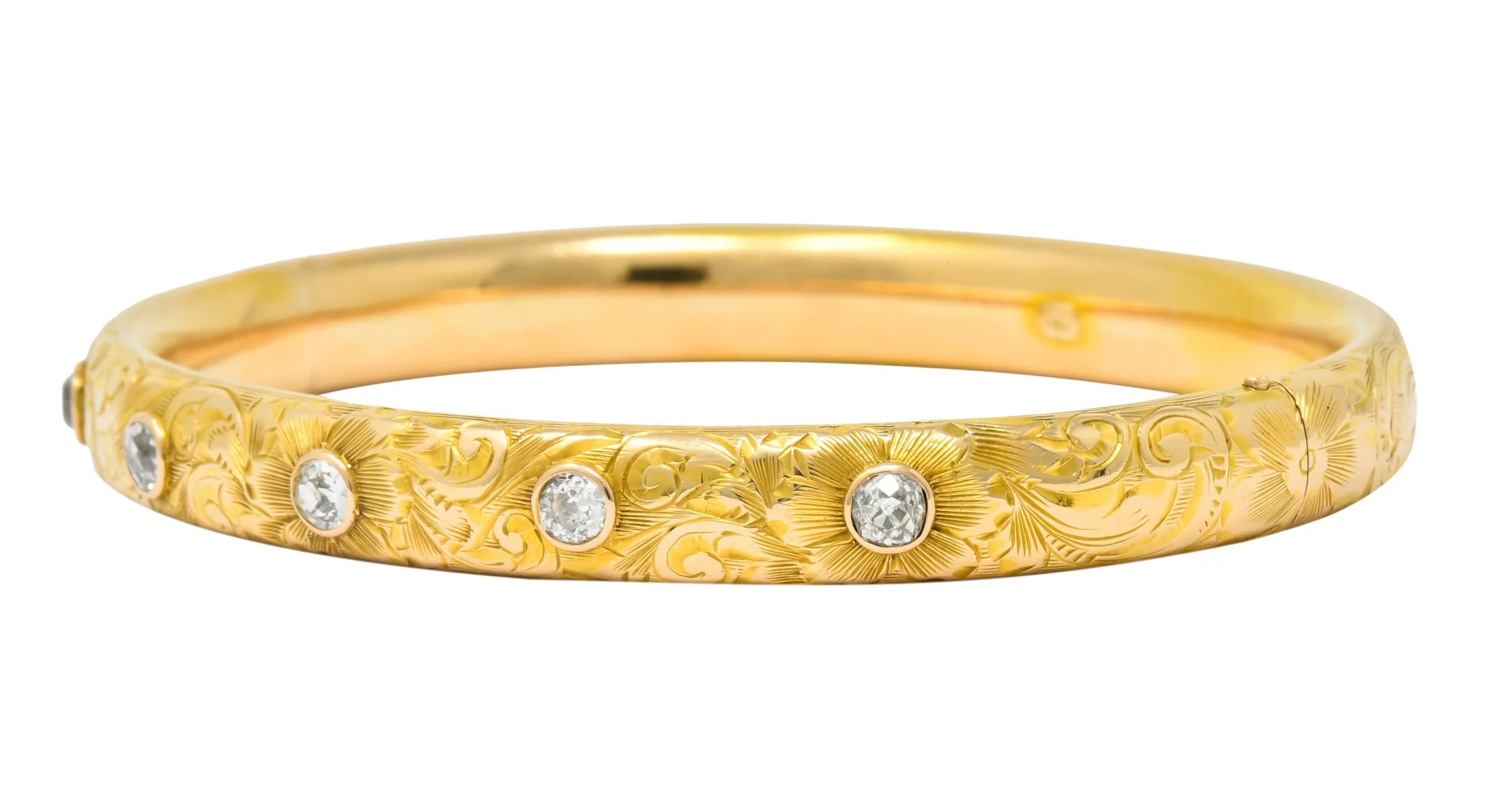 Victorian 1.00 CTW Diamond 14 Karat Gold Floral Bangle Bracelet Circa 1900 - Image 6