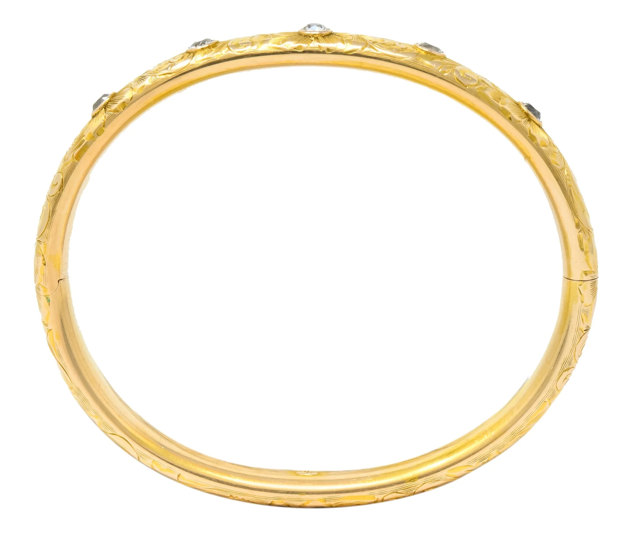 Victorian 1.00 CTW Diamond 14 Karat Gold Floral Bangle Bracelet Circa 1900 - Image 7