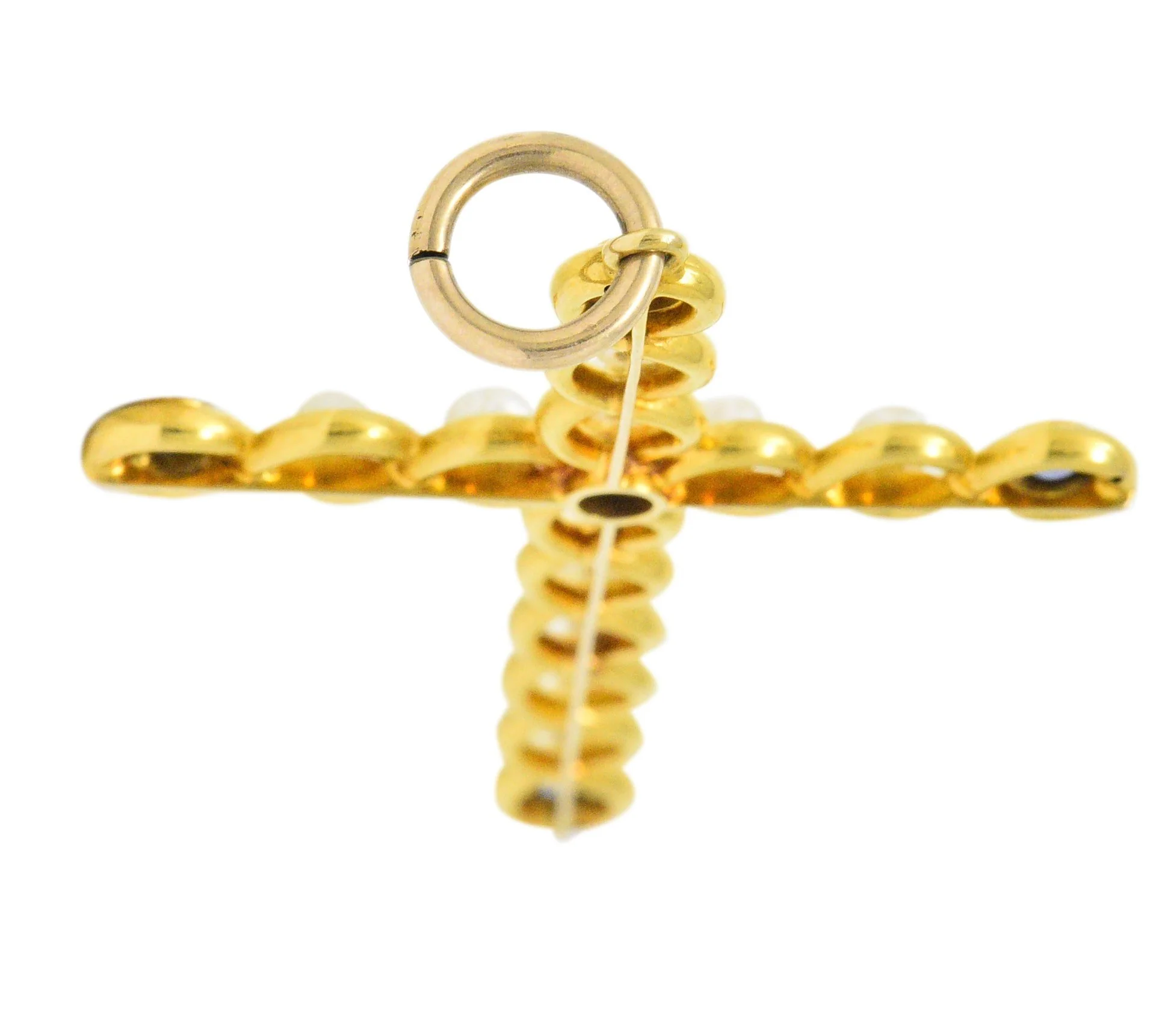 Victorian 1.00 CTW Sapphire Natural Pearl 14 Karat Gold Cross Pendant - Image 5