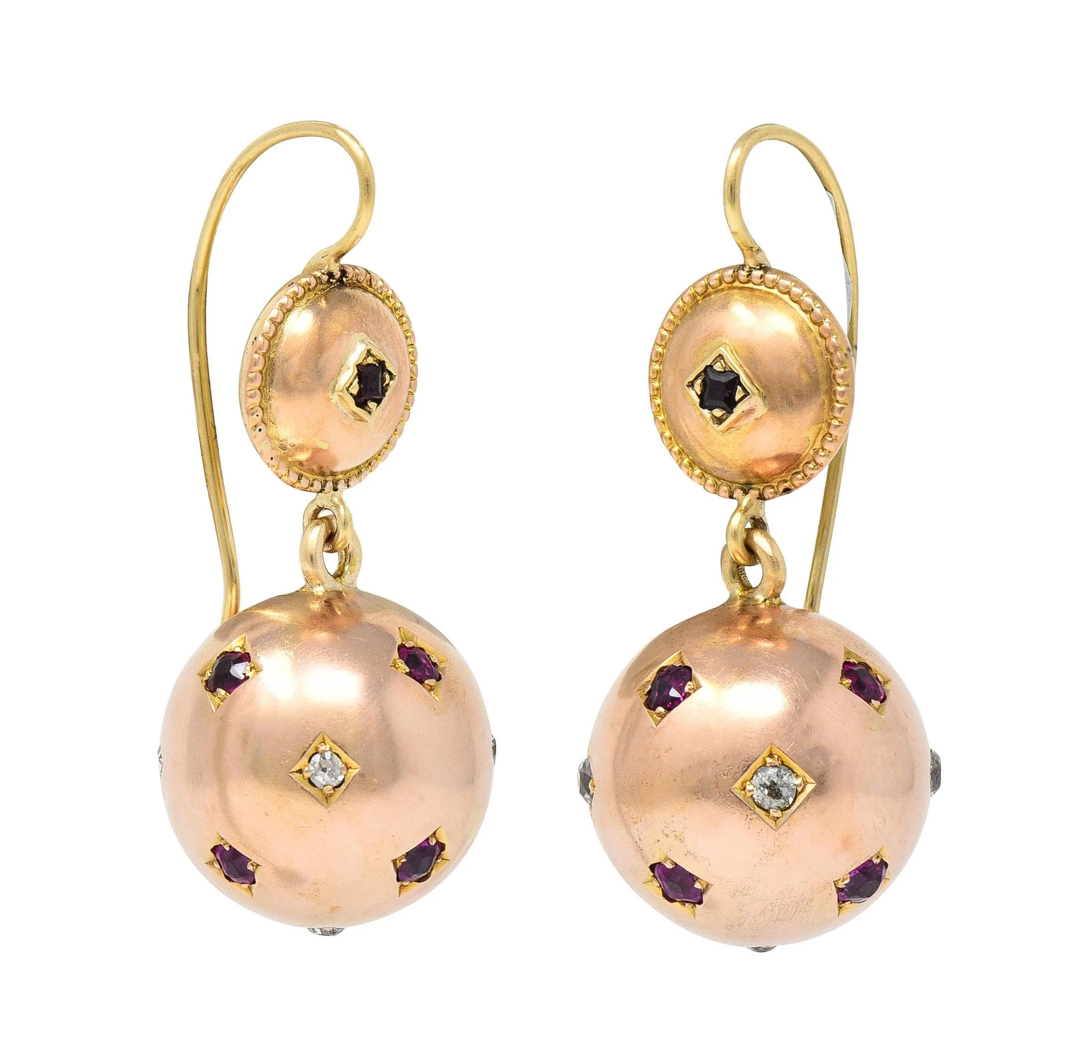 Victorian 1.02 CTW Ruby Diamond 14 Karat Two-Tone Gold Antique Drop Earrings - Image 6