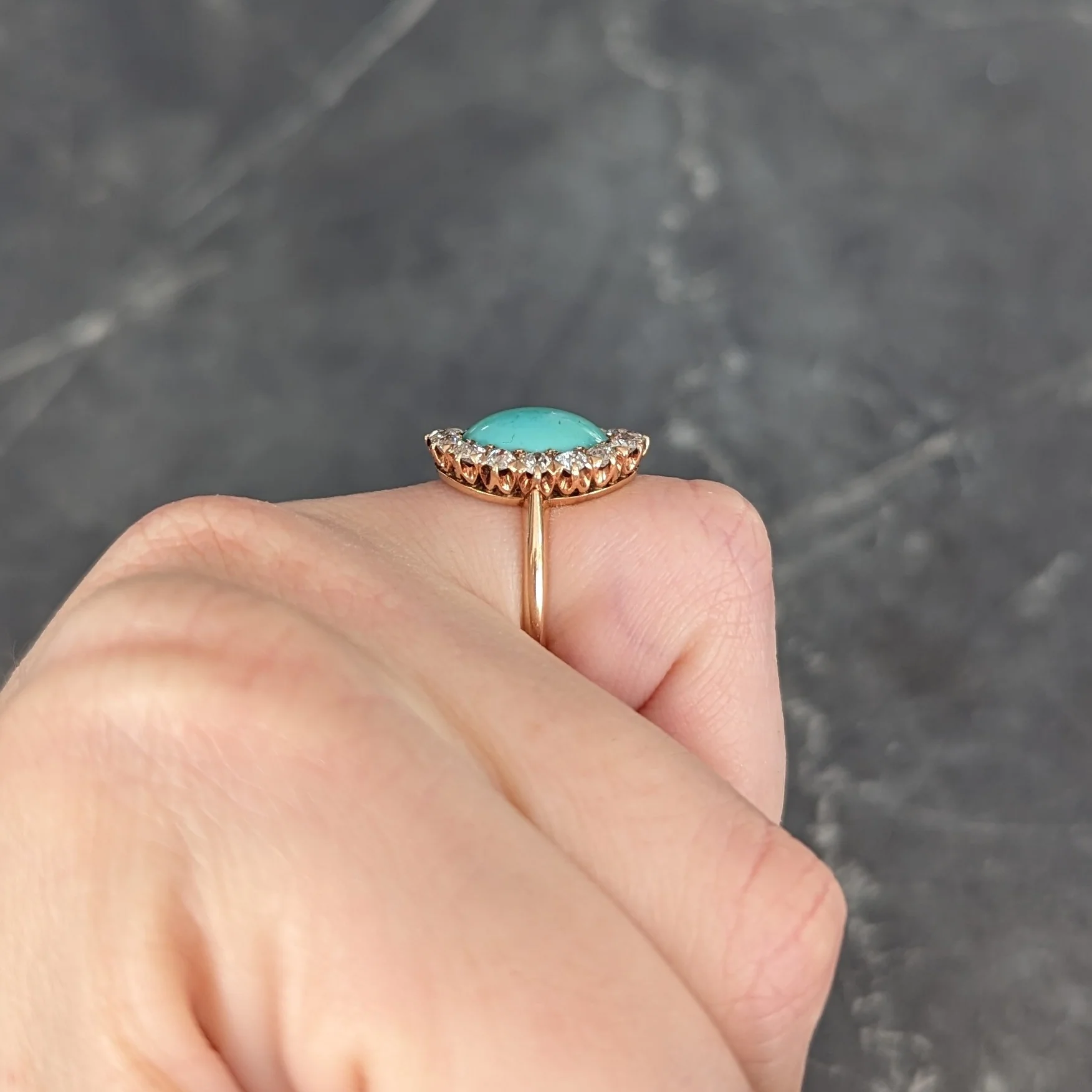 Victorian 1.04 CTW Old European Cut Diamond Turquoise Cabochon 14 Karat Yellow Gold Antique Halo Ring - Image 11