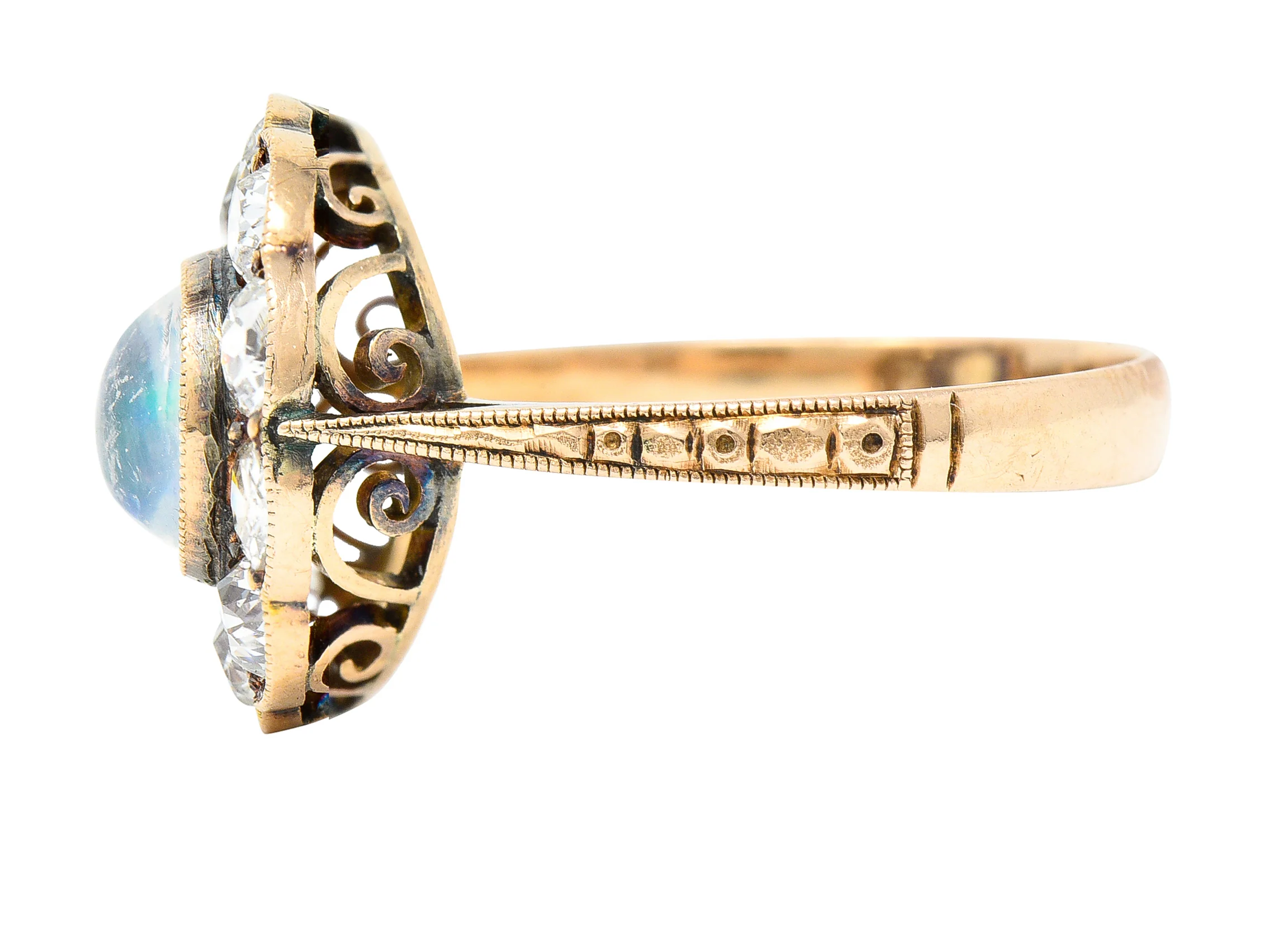 Victorian 1.08 CTW Jelly Opal Cabochon Old Mine Cut Diamond 18 Karat Rose Gold Antique Halo Ring - Image 5