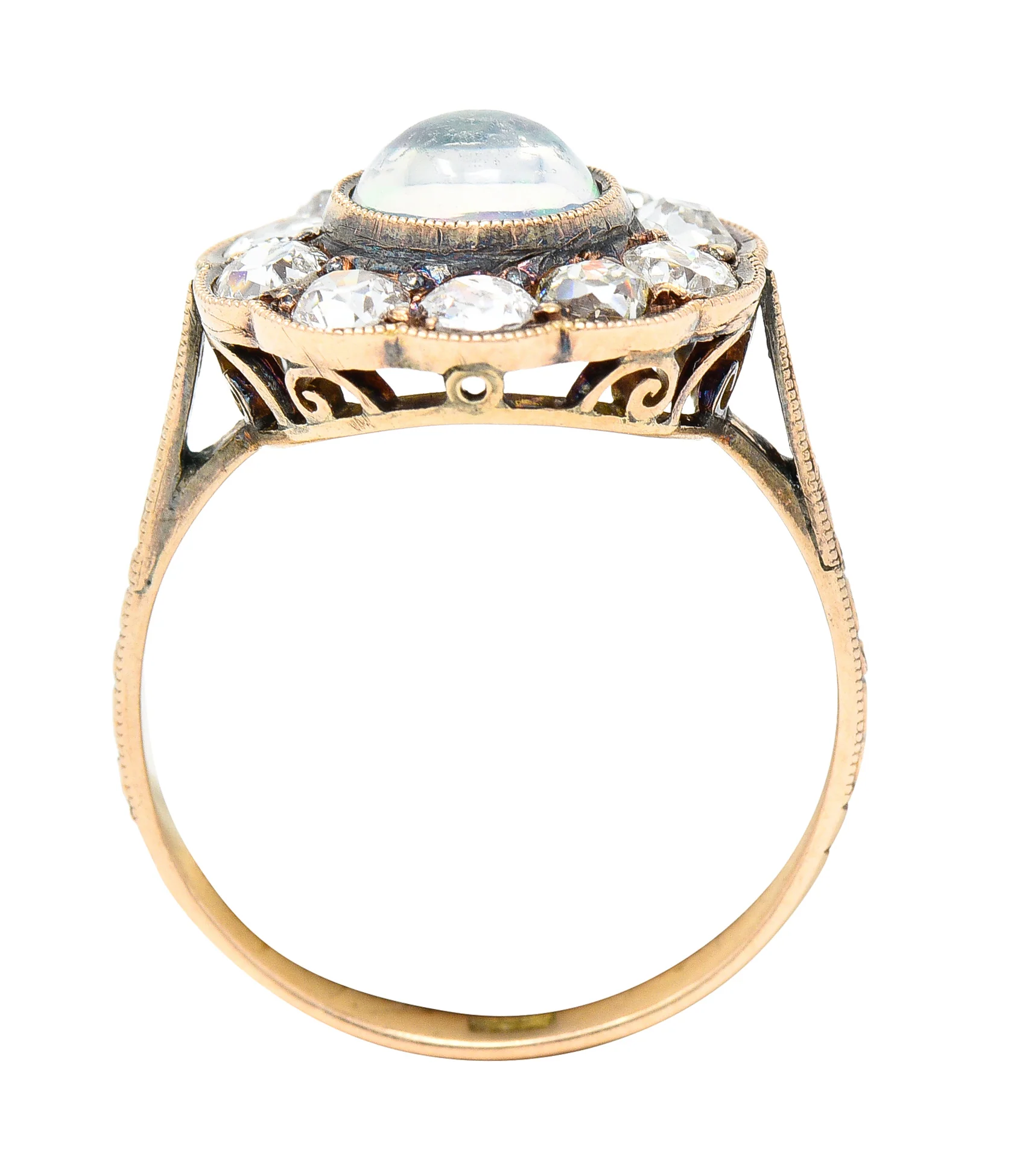 Victorian 1.08 CTW Jelly Opal Cabochon Old Mine Cut Diamond 18 Karat Rose Gold Antique Halo Ring - Image 9