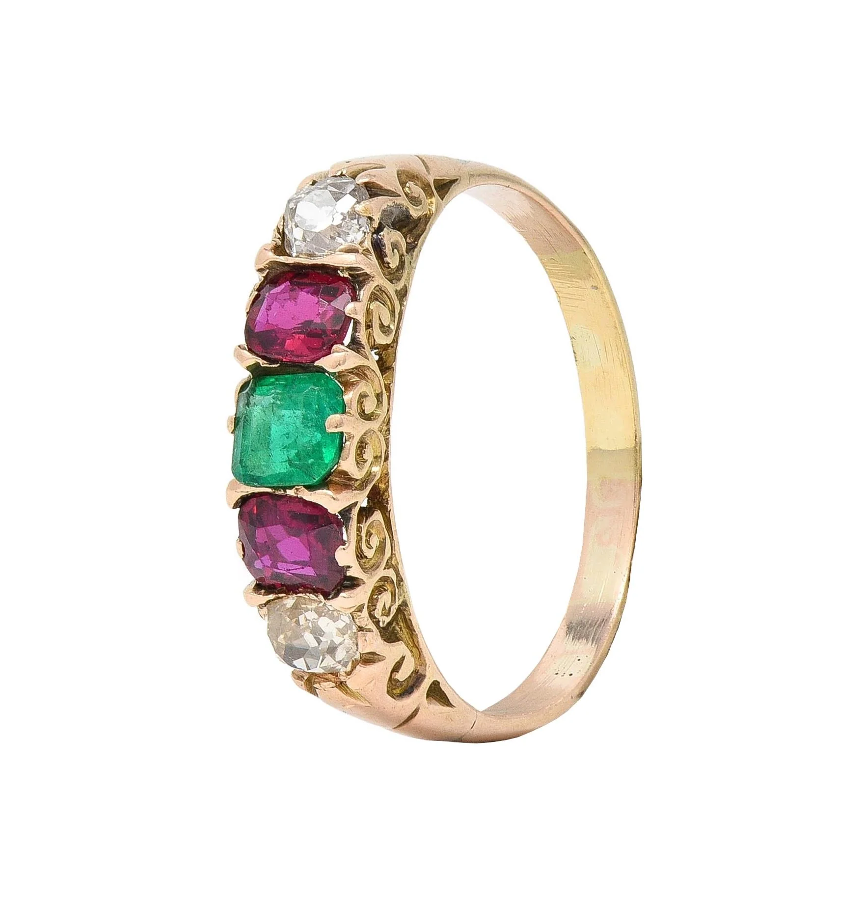 Victorian 1.10 CTW Ruby Emerald Diamond 14 Karat Yellow Gold Antique Five Stone Band Ring - Image 8