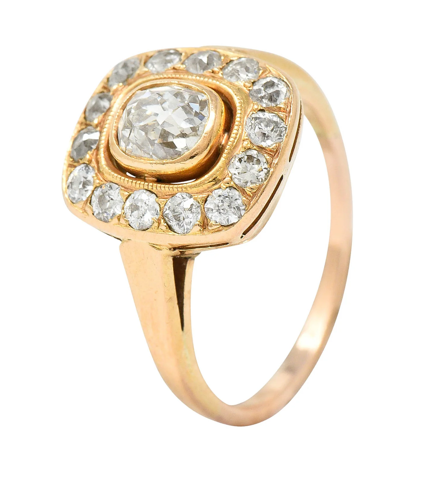 Victorian 1.11 CTW Old Mine Diamond 18 Karat Rose Gold Antique Cluster Ring - Image 11