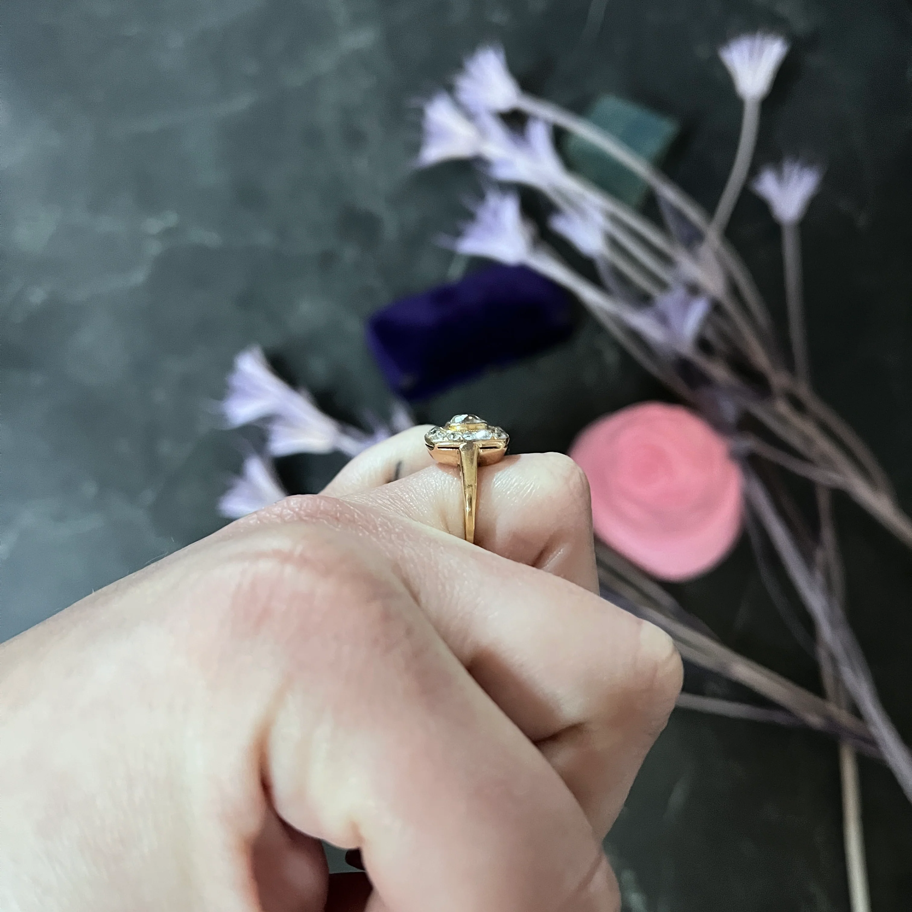 Victorian 1.11 CTW Old Mine Diamond 18 Karat Rose Gold Antique Cluster Ring - Image 13