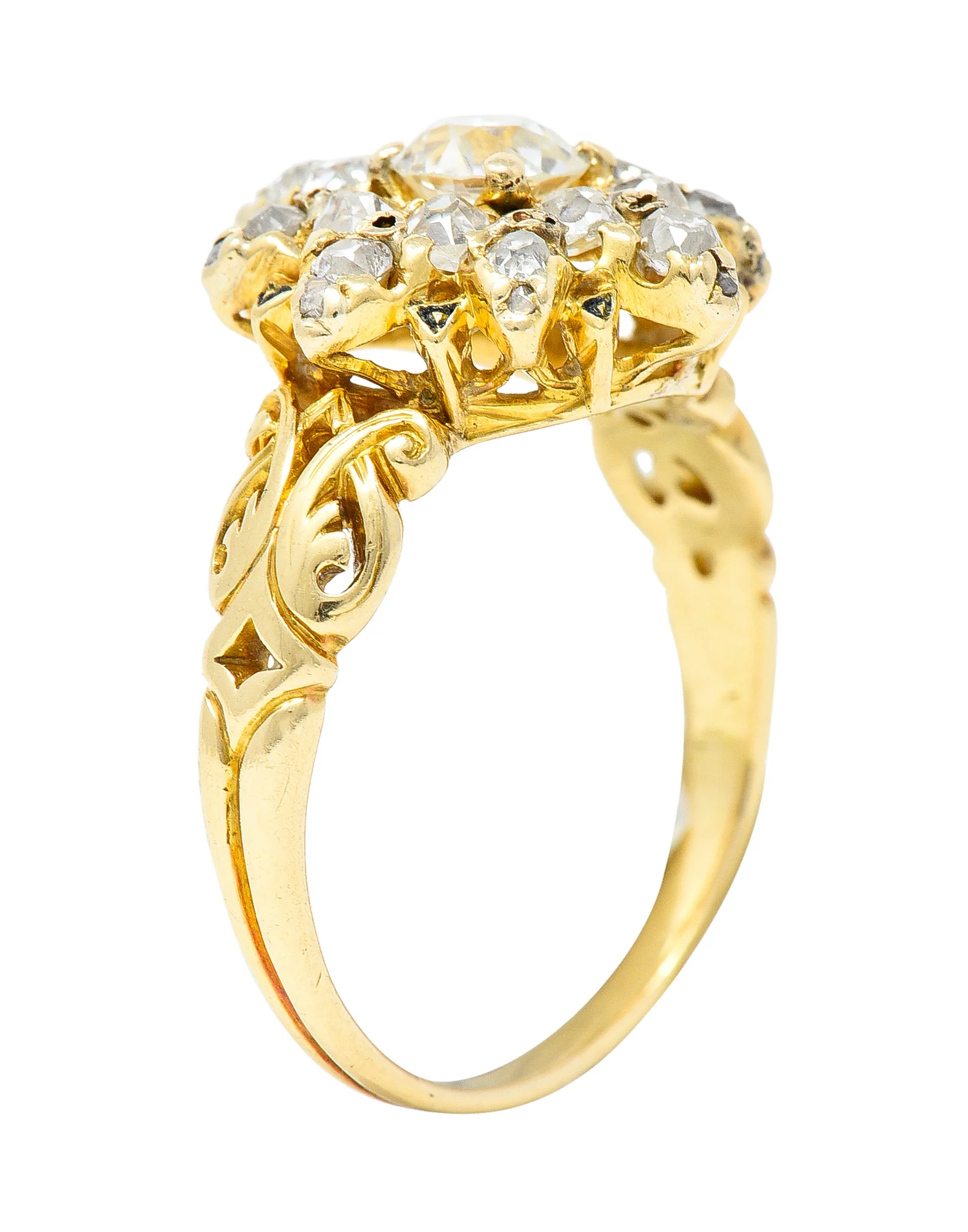 Victorian 1.12 CTW Old European Cut Diamond Enamel 14 Karat Yellow Gold Starburst Antique Cluster Ring - Image 10