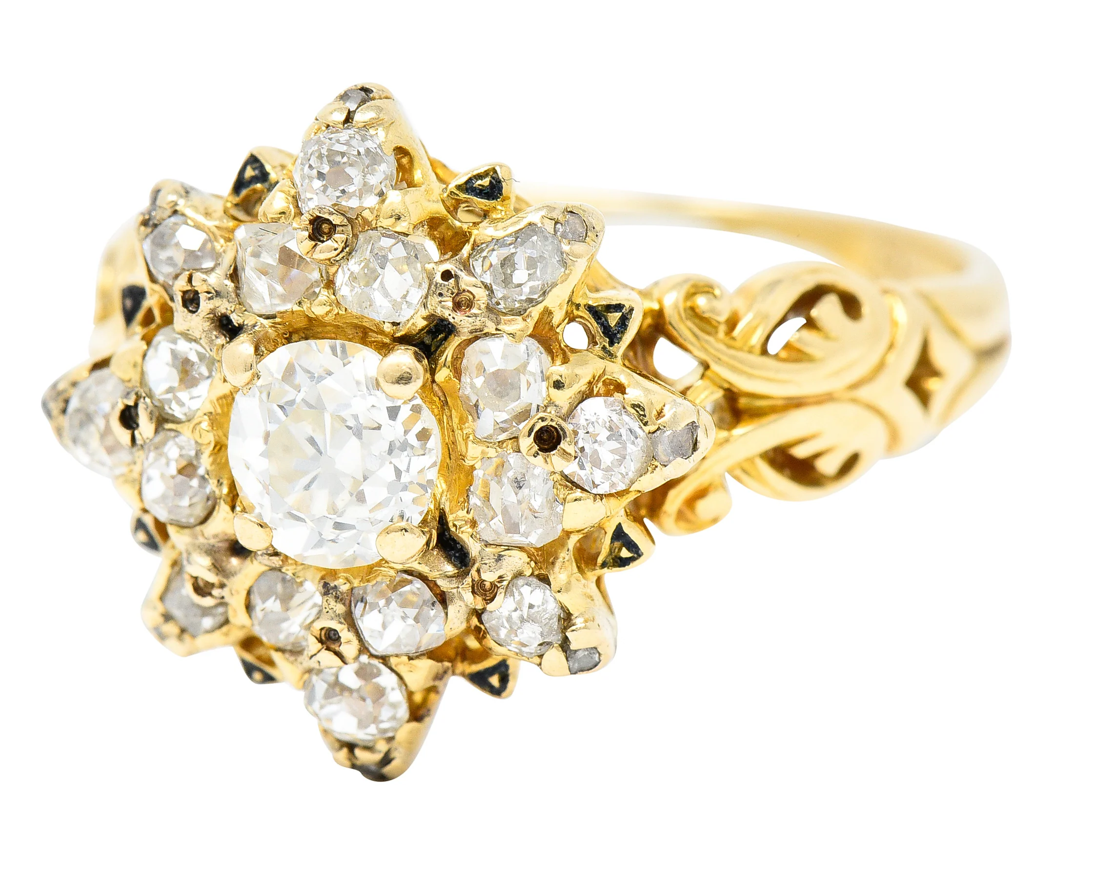Victorian 1.12 CTW Old European Cut Diamond Enamel 14 Karat Yellow Gold Starburst Antique Cluster Ring - Image 6