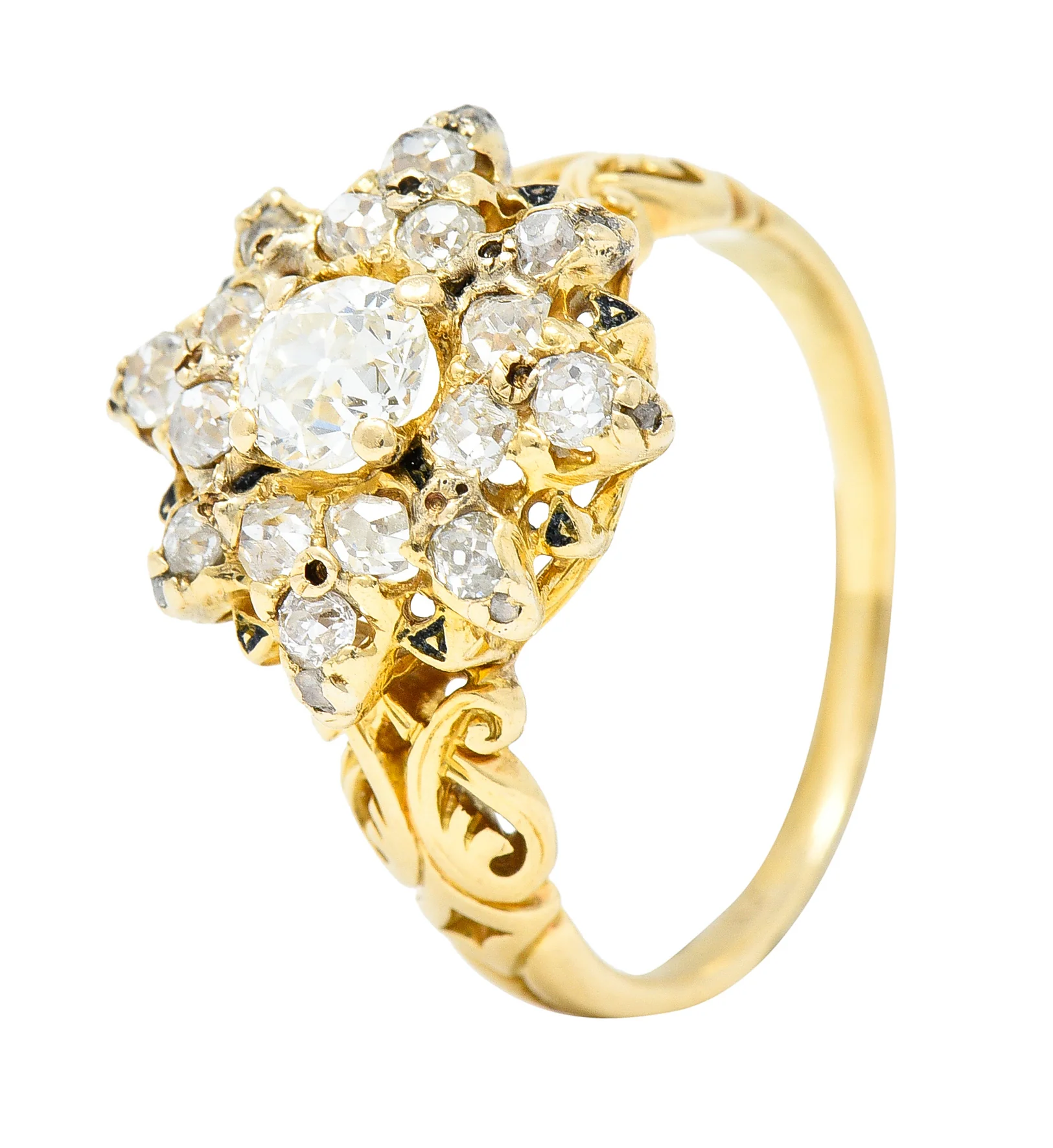 Victorian 1.12 CTW Old European Cut Diamond Enamel 14 Karat Yellow Gold Starburst Antique Cluster Ring - Image 7