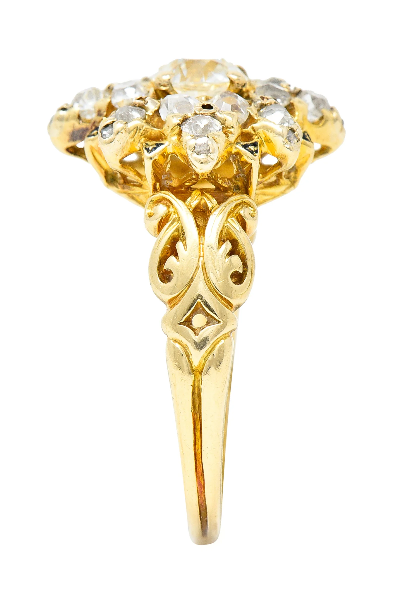 Victorian 1.12 CTW Old European Cut Diamond Enamel 14 Karat Yellow Gold Starburst Antique Cluster Ring - Image 8
